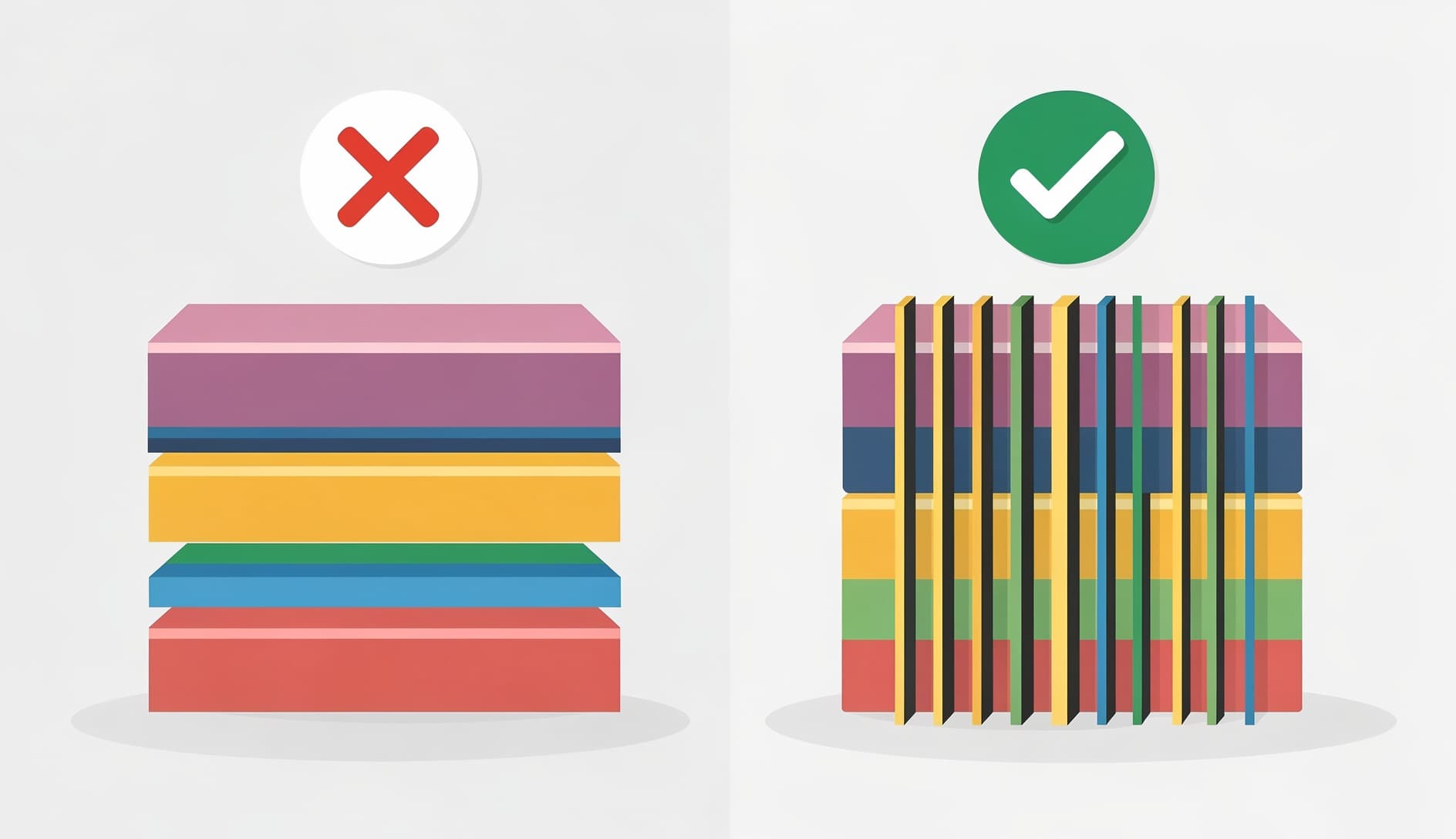 Diagrama mostrando la diferencia entre división horizontal por capa técnica y división vertical por funcionalidad orientada al usuario, con el enfoque vertical resaltado como el método correcto