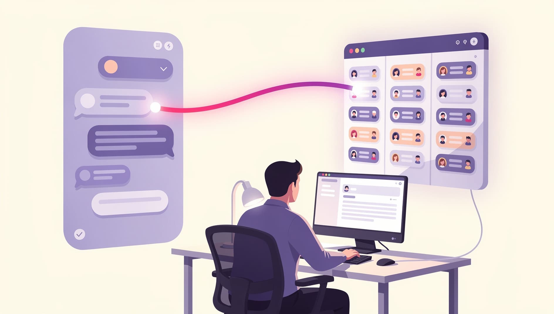 Illustrated scene of a developer connecting an AI assistant to a project workspace, with chat panel on the left and a sprint board on the right linked by a glowing line, modern flat editorial style with vibrant purple and pink accents, clean vector look, no text or UI labels visible