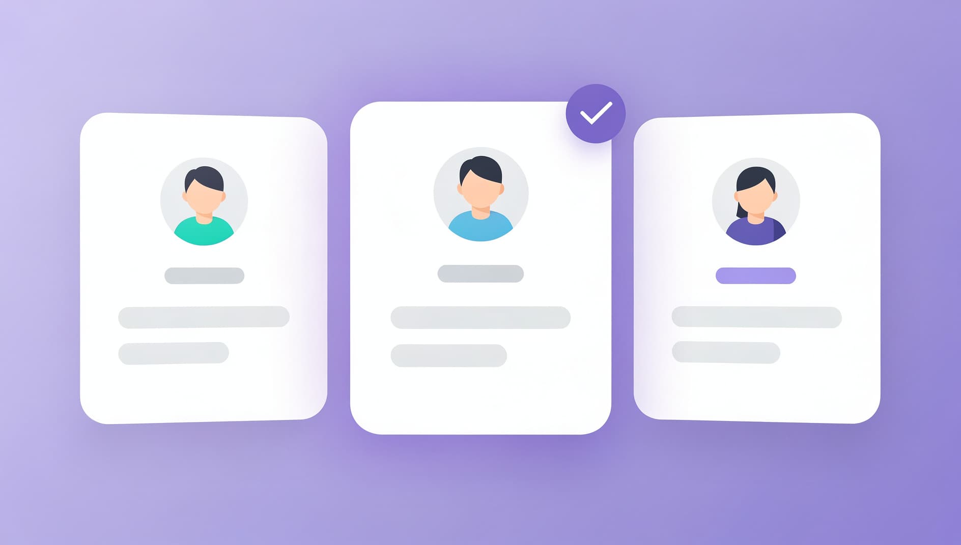 Illustrated consent screen abstraction showing a chooser with three organization cards, each with a small avatar and a checkmark on the active one, soft purple gradient background, clean editorial vector style