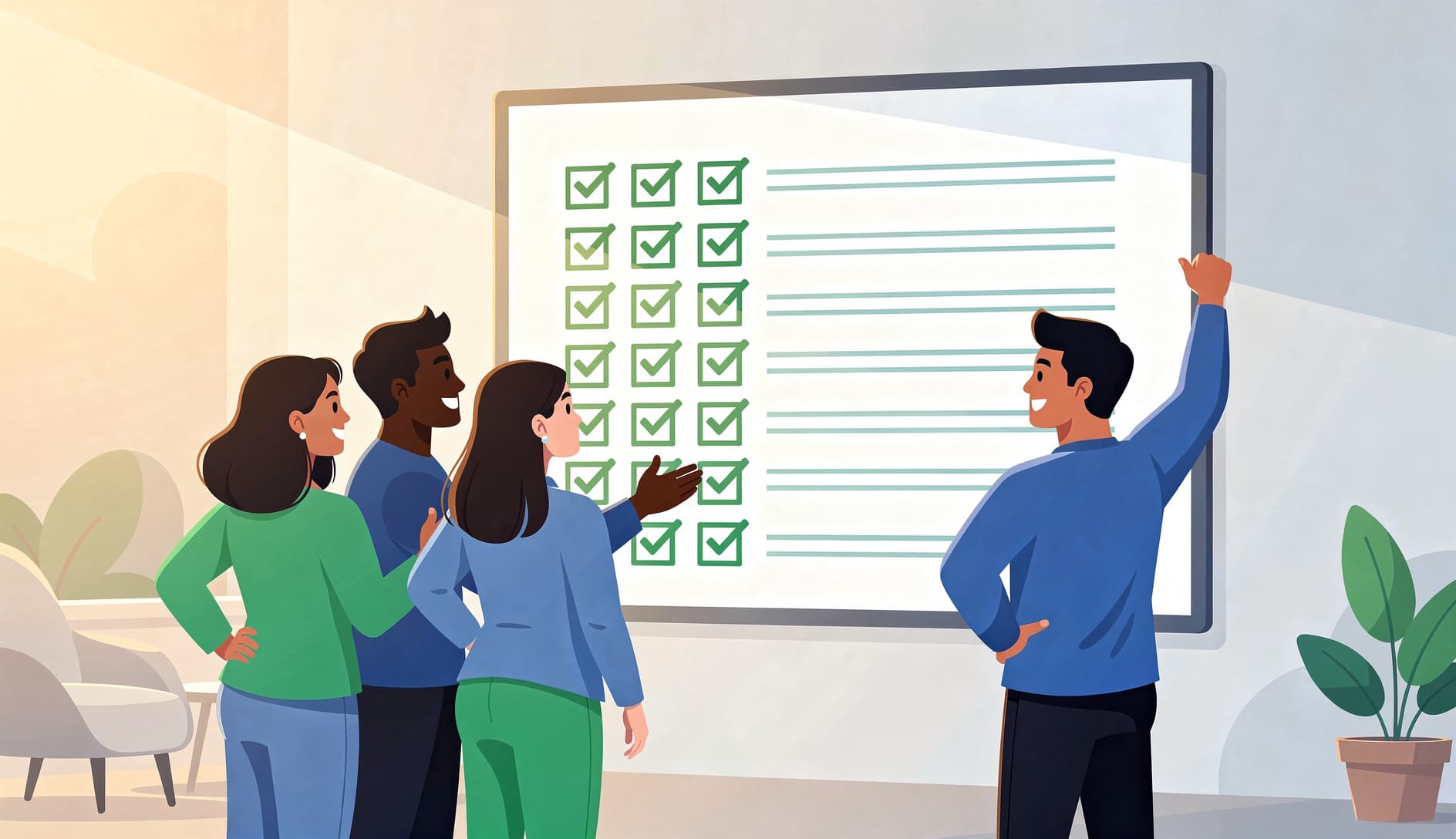 Equipo agil de pie alrededor de una pizarra con un checklist completado, chocando los cinco despues de terminar un incremento de sprint