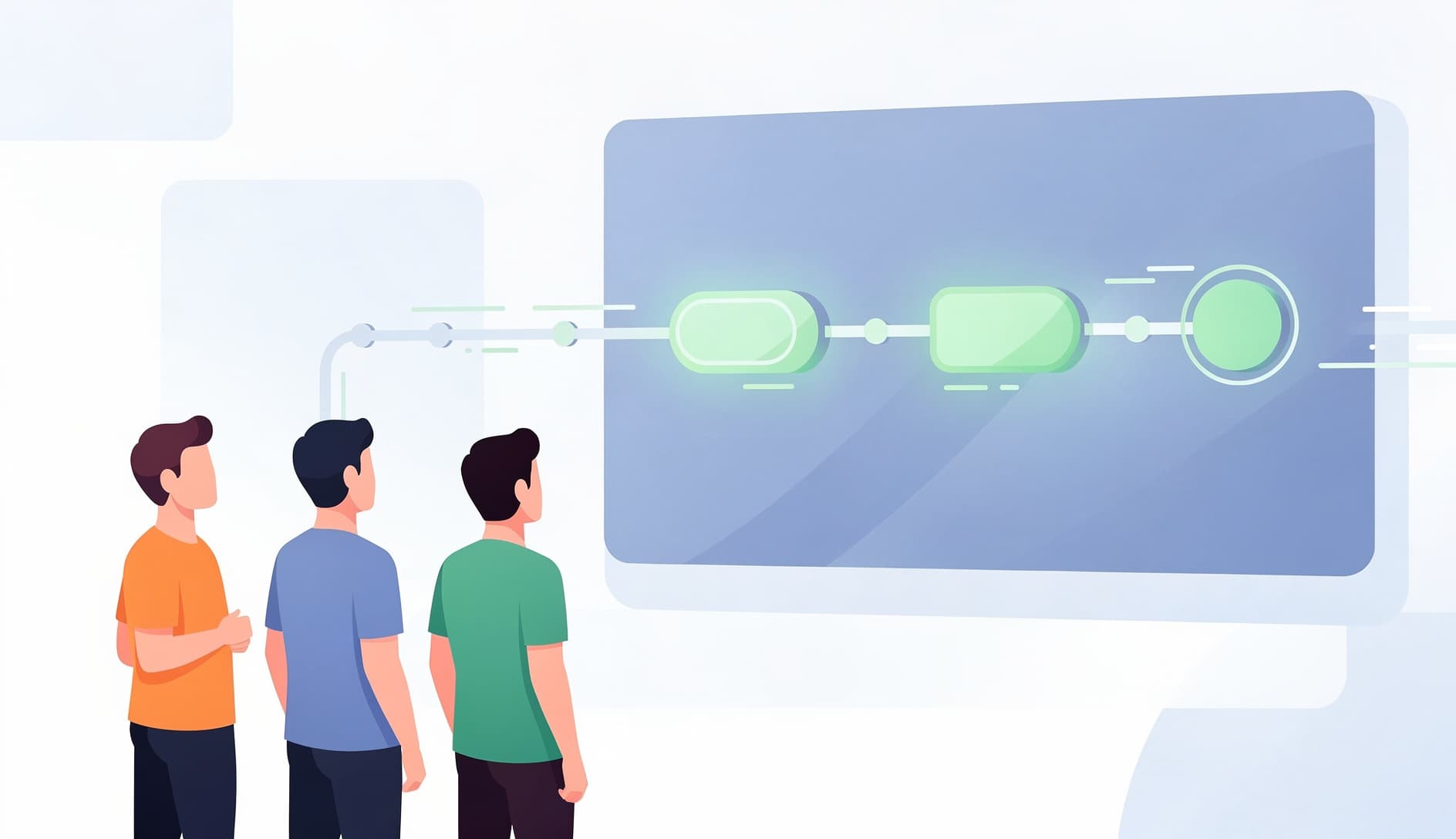 Equipo mirando un gran monitor que muestra un pipeline de CI/CD con marcas de verificacion verdes en cada etapa, representando puertas de calidad automatizadas