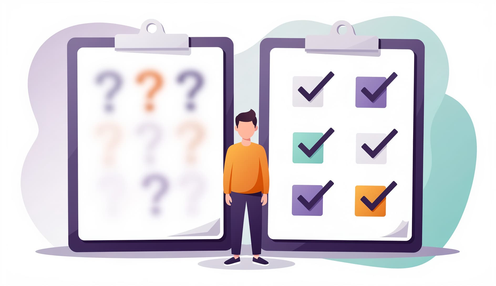 Persona mirando un checklist gigante con algunos elementos claramente marcados como hechos y otros ambiguos, ilustrando la diferencia entre criterios vagos y especificos