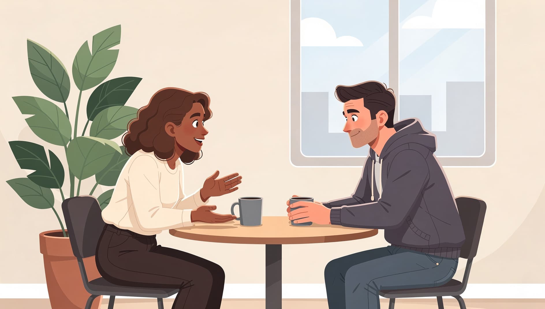 An engineering manager and a software engineer sitting across a small table with coffee, leaning in and talking openly, warm and attentive body language, soft office background, modern flat editorial illustration, vibrant colors