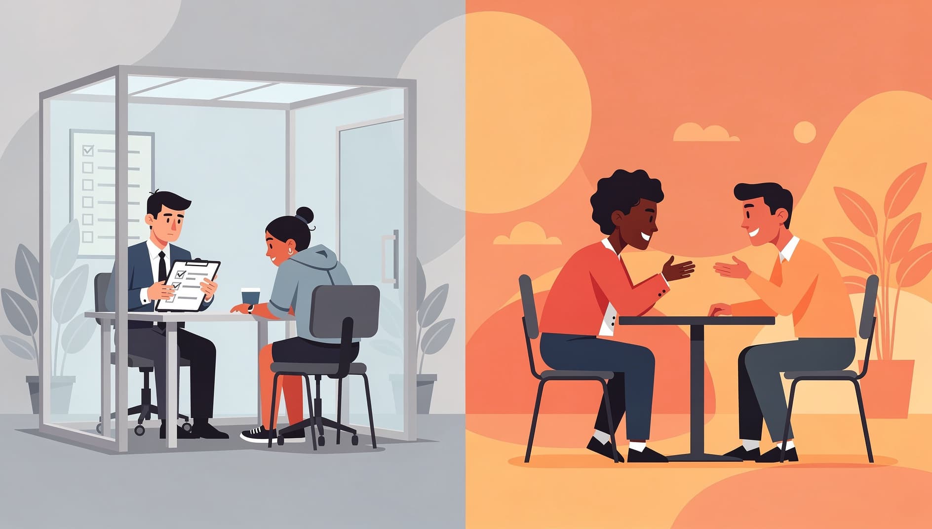 Split-scene illustration contrasting two conversations: on one side a manager robotically reading from a checklist while a bored engineer slumps, on the other side two people in genuine animated discussion, modern flat editorial illustration, vibrant colors