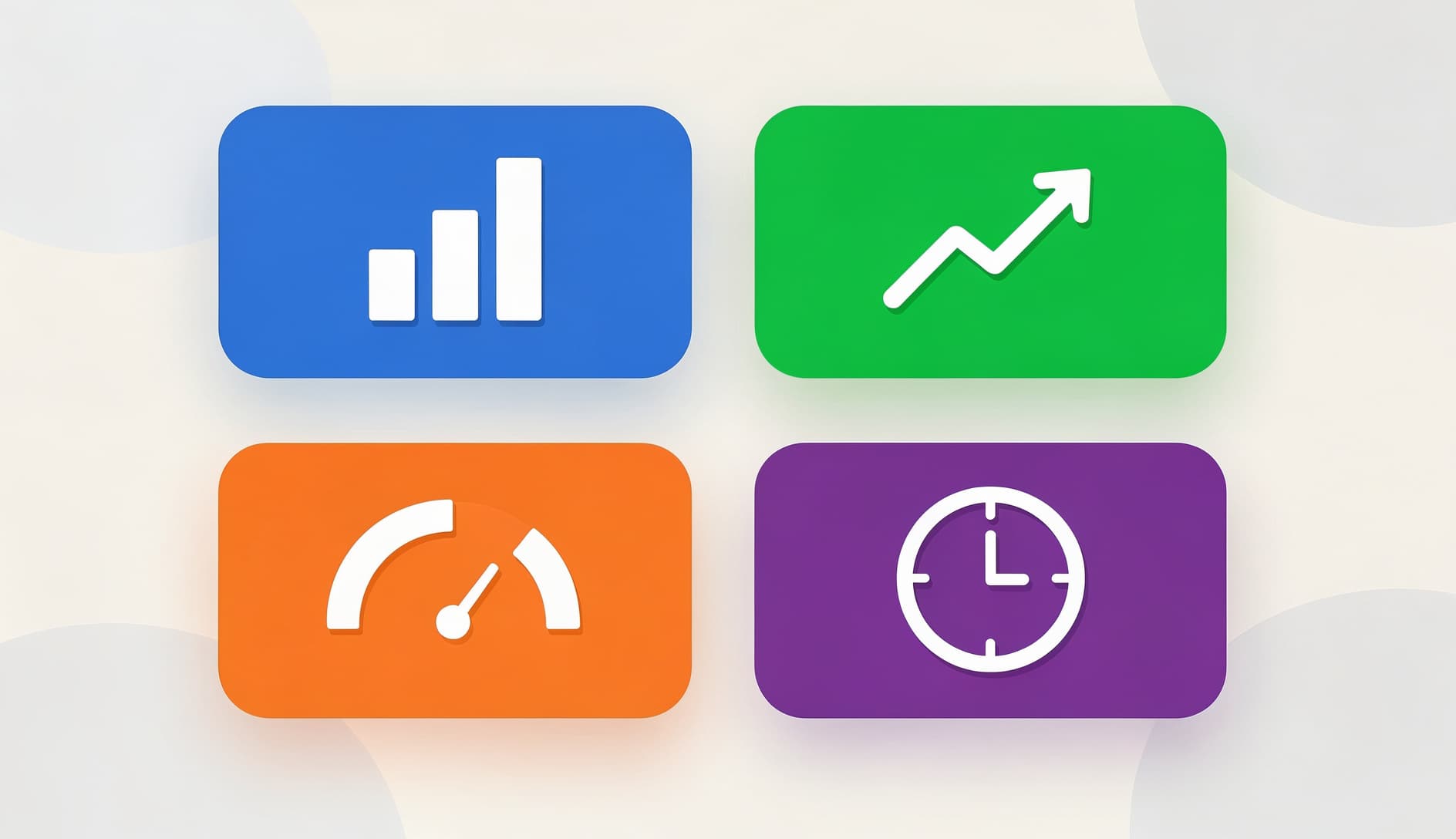 Panel ilustrado que muestra cuatro tarjetas de métricas coloridas para WIP, tiempo de ciclo, throughput y antigüedad del elemento de trabajo con pequeños íconos de gráficos en cada una