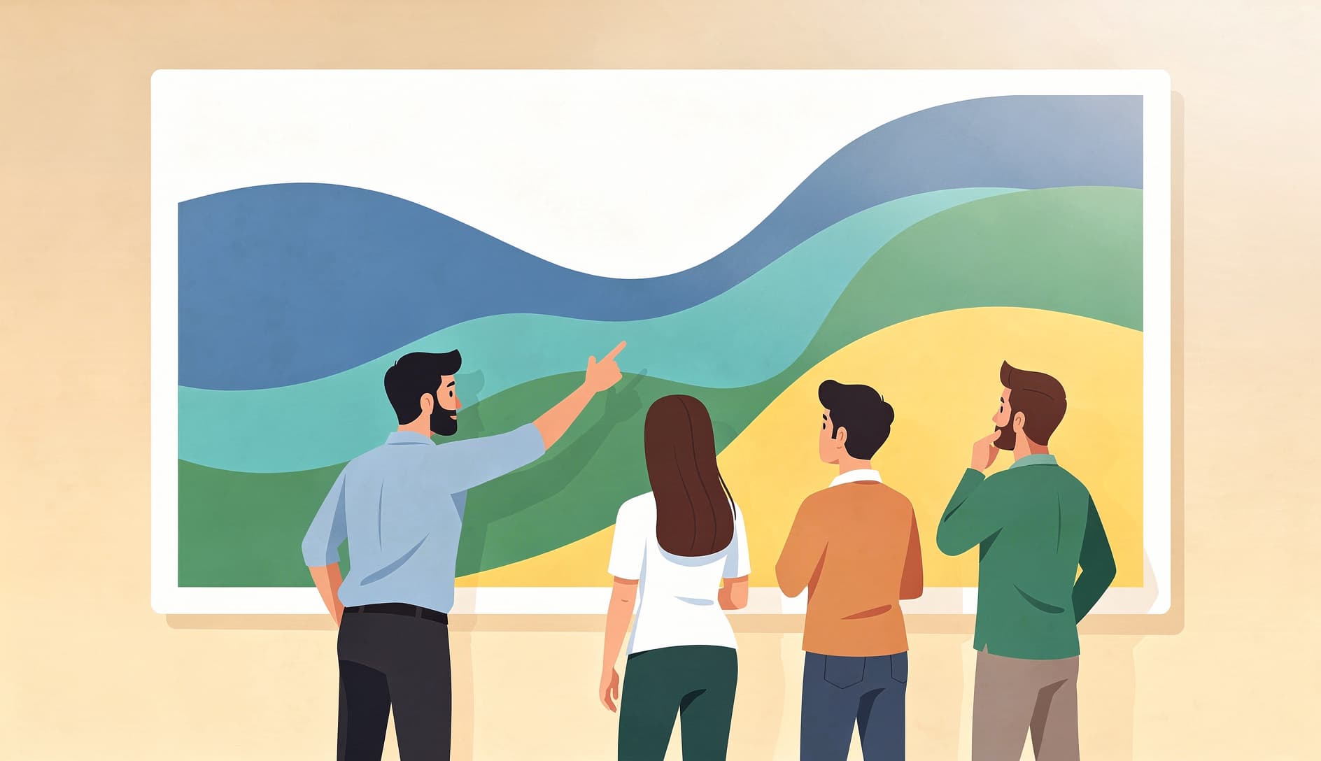 Miembros del equipo señalando un gráfico grande en la pared que muestra un diagrama de flujo acumulativo con bandas coloridas que representan diferentes etapas del flujo de trabajo