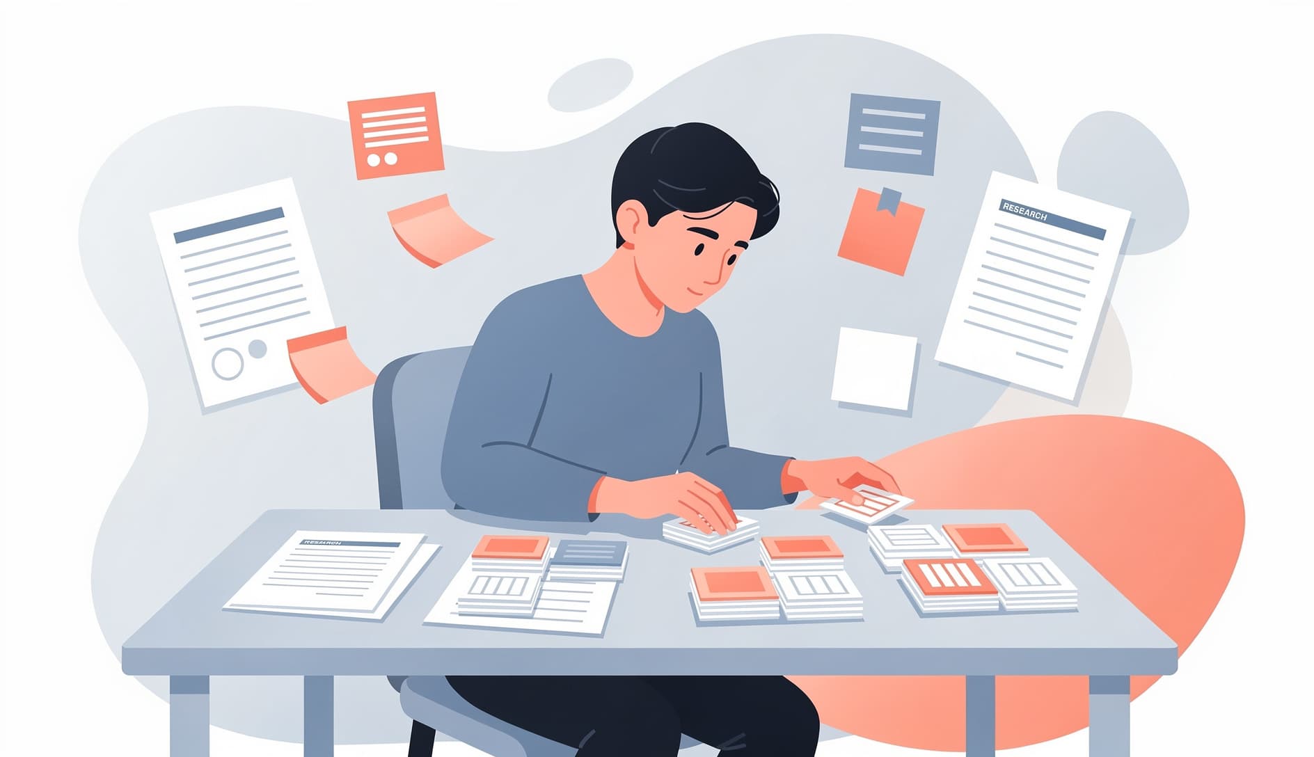 A researcher reviewing interview notes and sticky notes arranged in clusters on a desk, organizing user research findings into persona segments