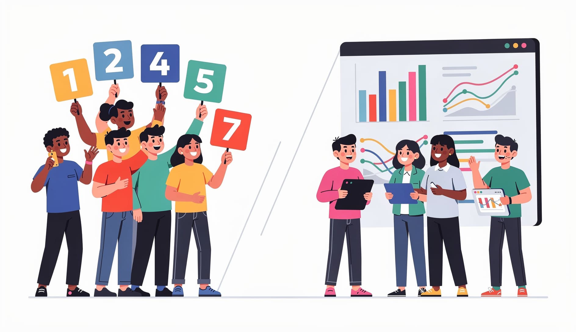 Dos grupos de desarrolladores en un enfrentamiento amistoso, un lado sosteniendo tarjetas de estimación y el otro lado sosteniendo diagramas de flujo y gráficos de cycle time, con una división entre ellos