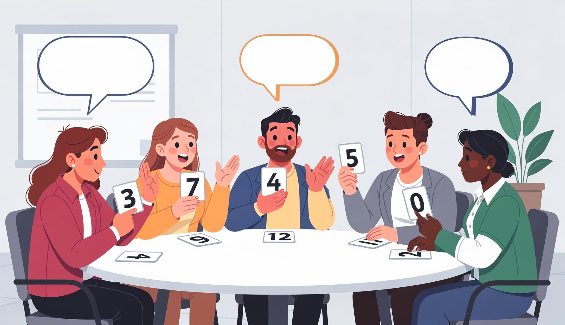 Equipo reunido alrededor de una mesa con cartas de planning poker desplegadas, algunas cartas mostrando números coincidentes y otras mostrando valores muy diferentes, provocando una discusión animada