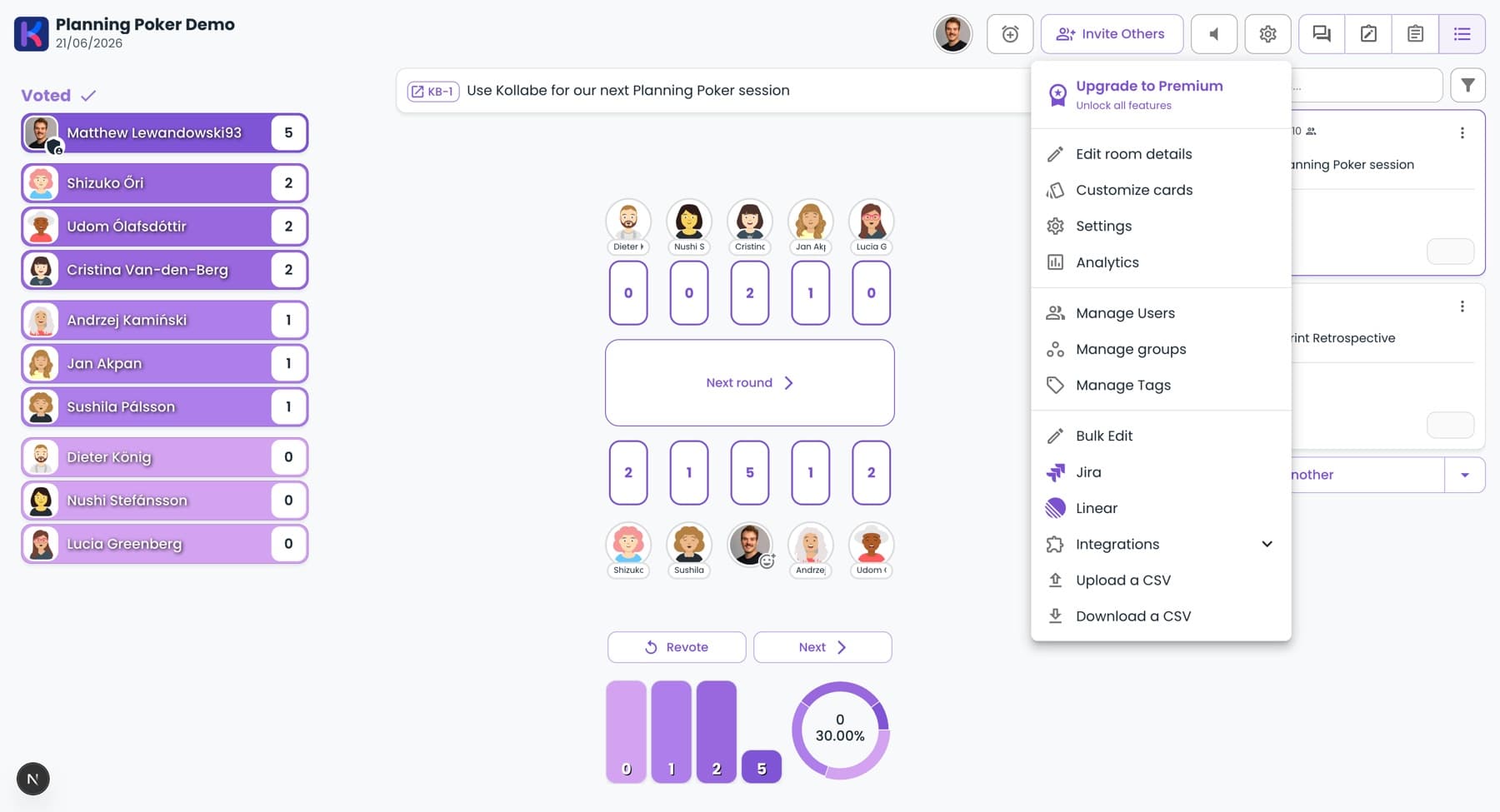 Menü eines Kollabe-Planning-Poker-Raums mit Import- und Sync-Optionen für Jira, Linear und CSV neben benutzerdefinierten Kartendecks und Analysen