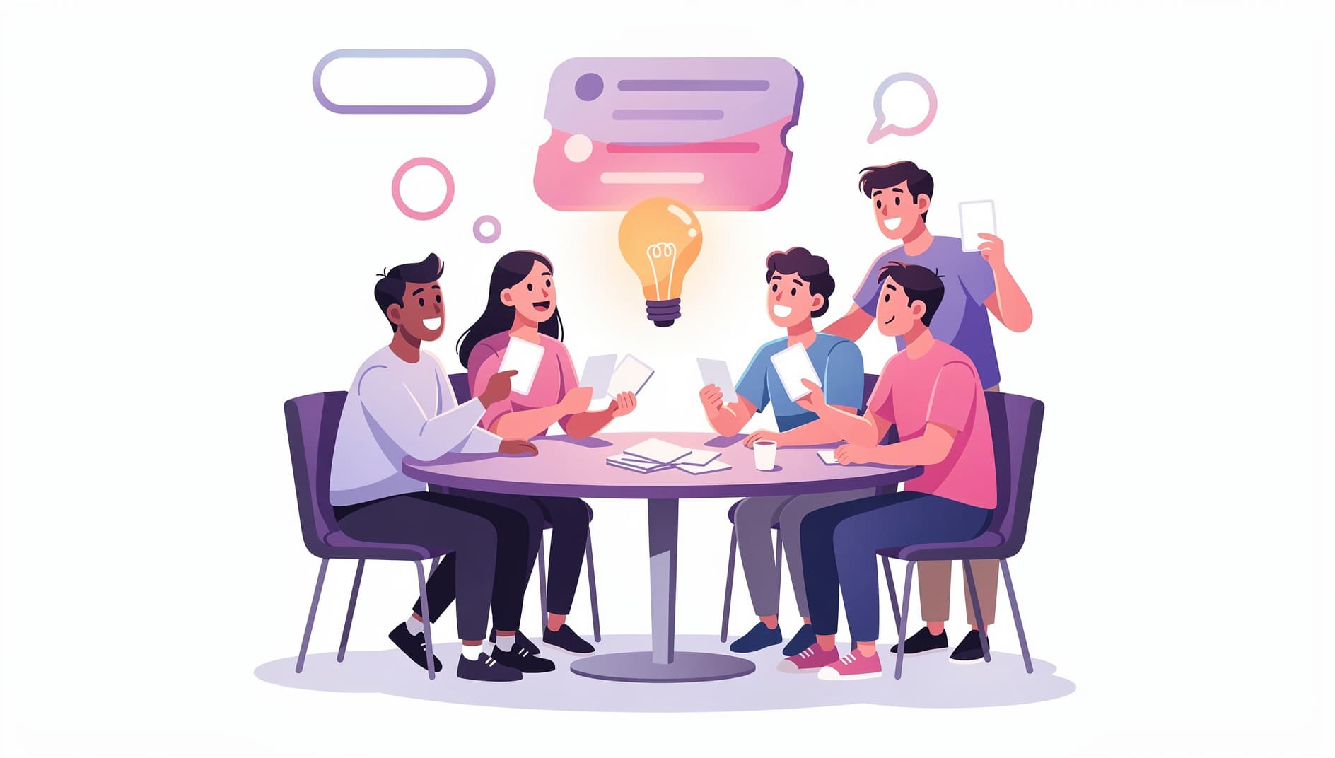 Stilisierte Illustration eines agilen Teams an einem Tisch beim Planning Poker, jede Person hält eine Schätzkarte hoch, darüber schweben ein Aufgaben-Ticket und eine Glühbirne als Symbol für Konsens