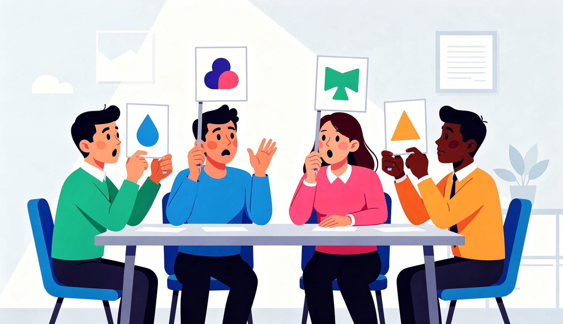 Miembros del equipo levantando simultaneamente diferentes cartas numeradas durante una sesion de Planning Poker, mostrando estimaciones diversas sin juicio