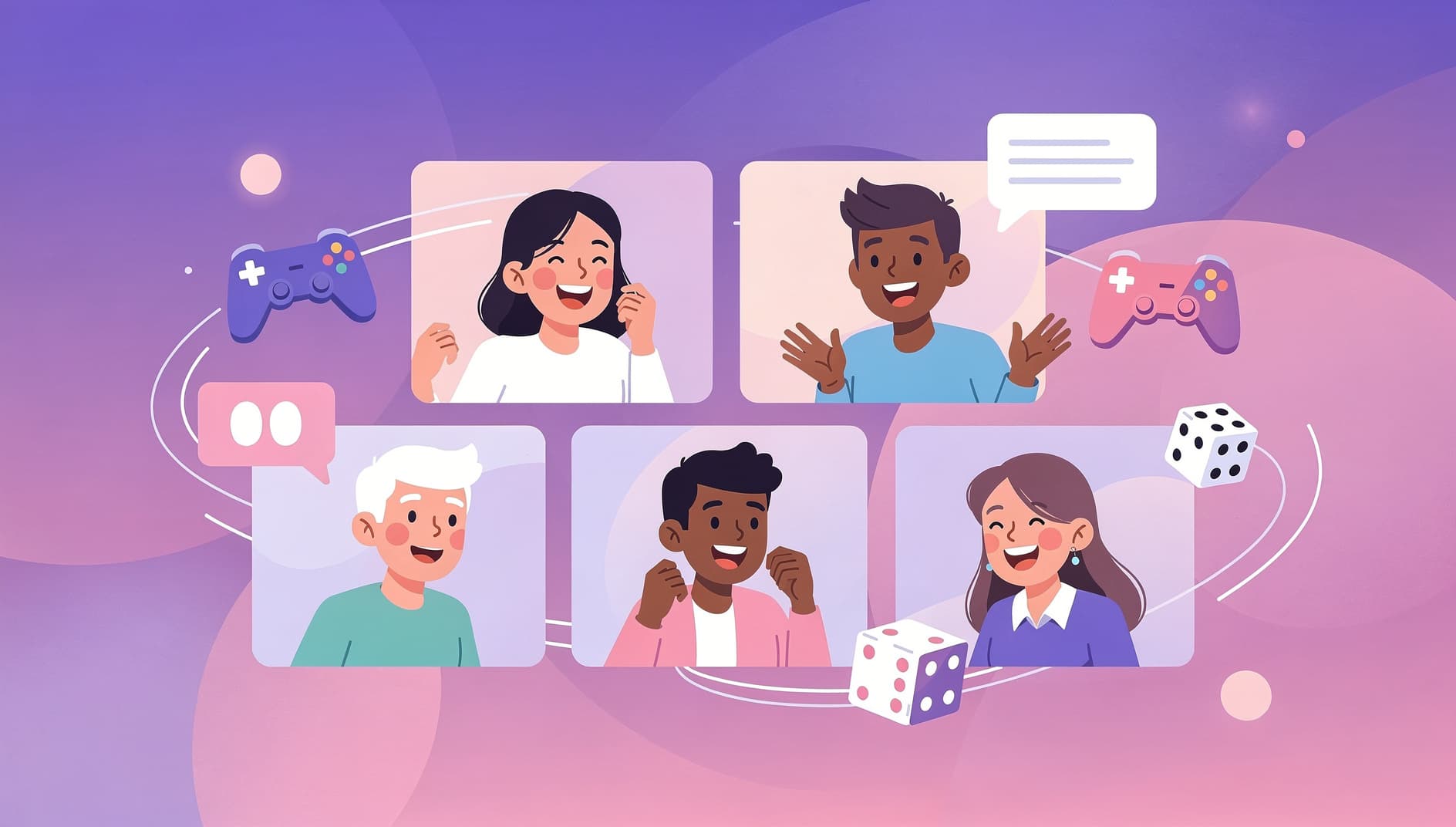 Illustration of a remote team on a video call grid, each person laughing and engaged, with playful game controllers and chat bubbles floating between the screens, flat editorial style, vibrant purple and pink palette