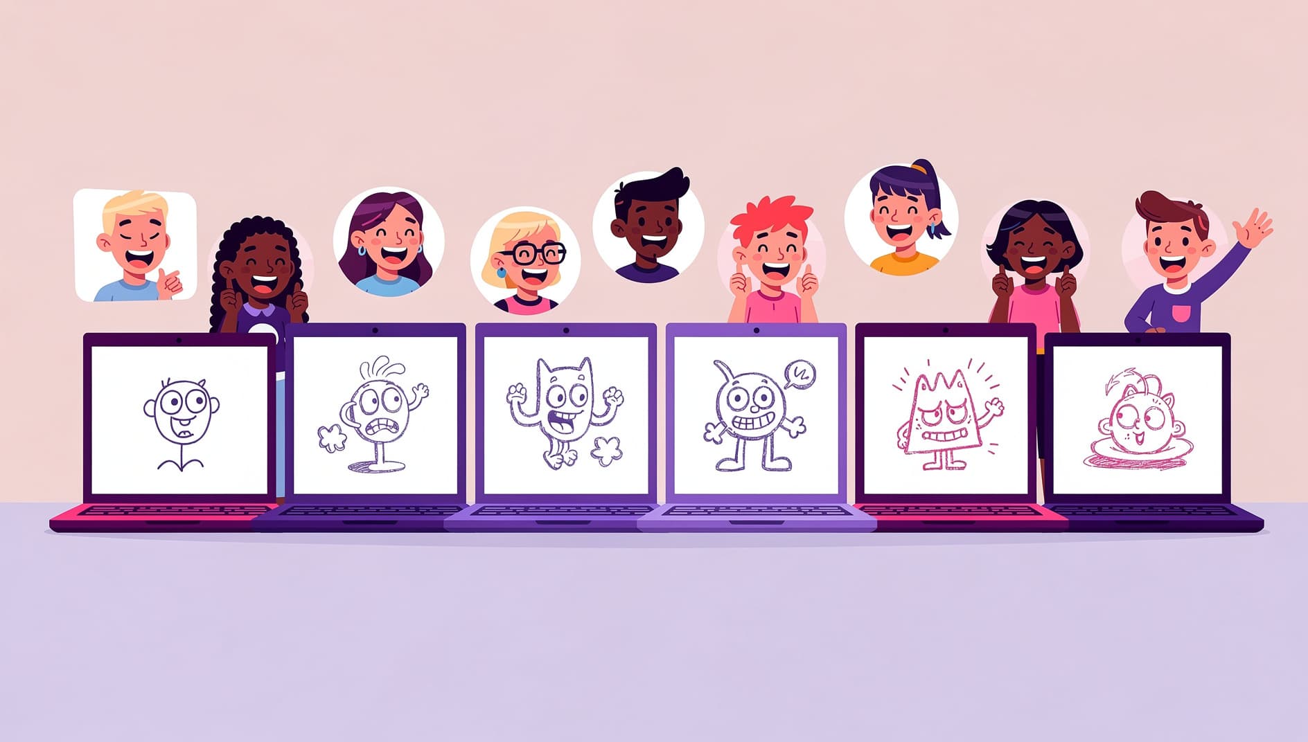 Illustration of a remote team playing a drawing-telephone game, with a sentence morphing into increasingly silly sketches across a row of screens, flat vibrant style