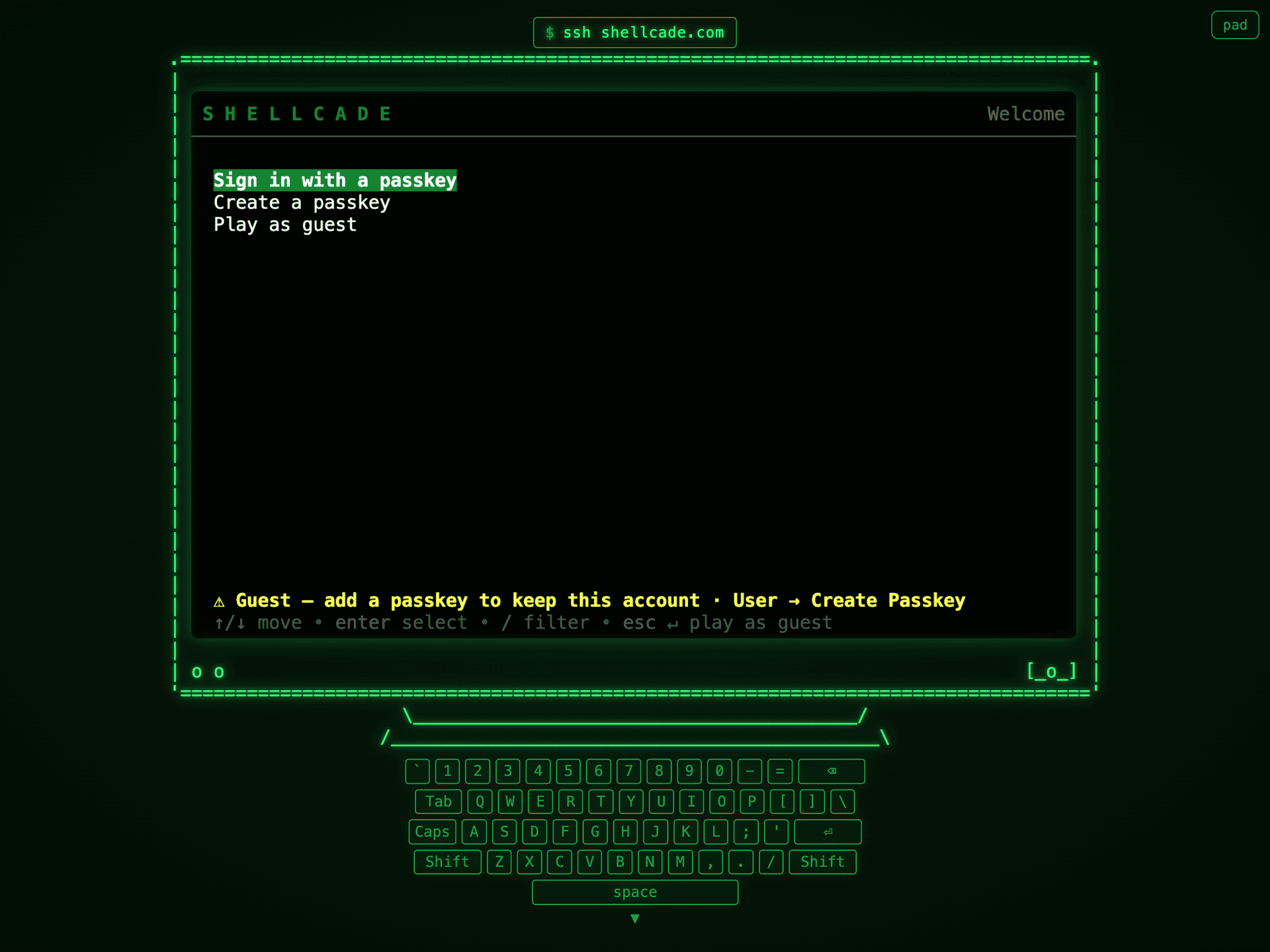 The Shellcade terminal arcade running in the browser, a green CRT-style screen with a welcome menu and a virtual keyboard below it, captioned ssh shellcade.com