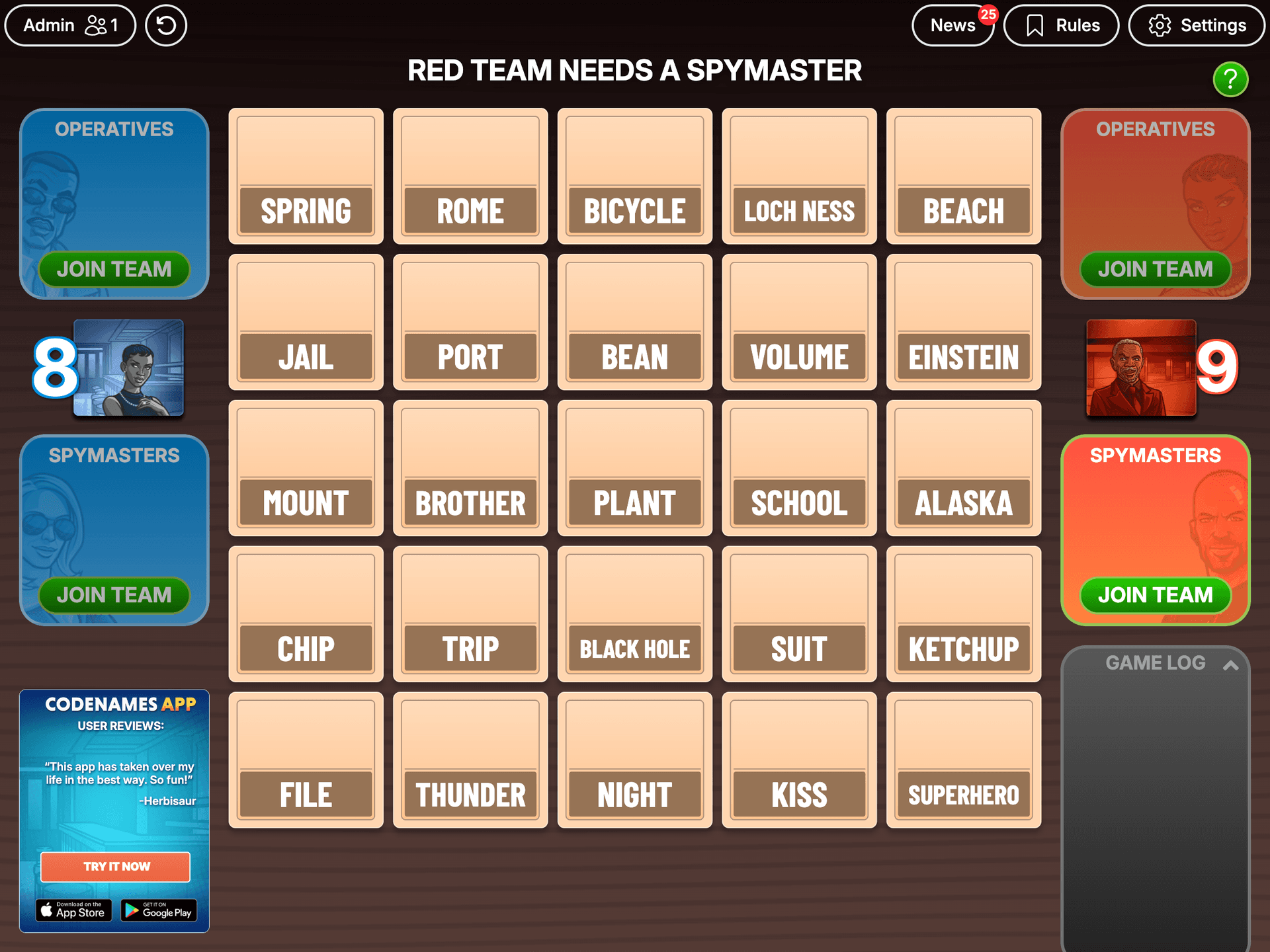 Codenames Online board: a five-by-five grid of word cards with blue and red team panels on either side, showing the classic spy word-association game running in the browser