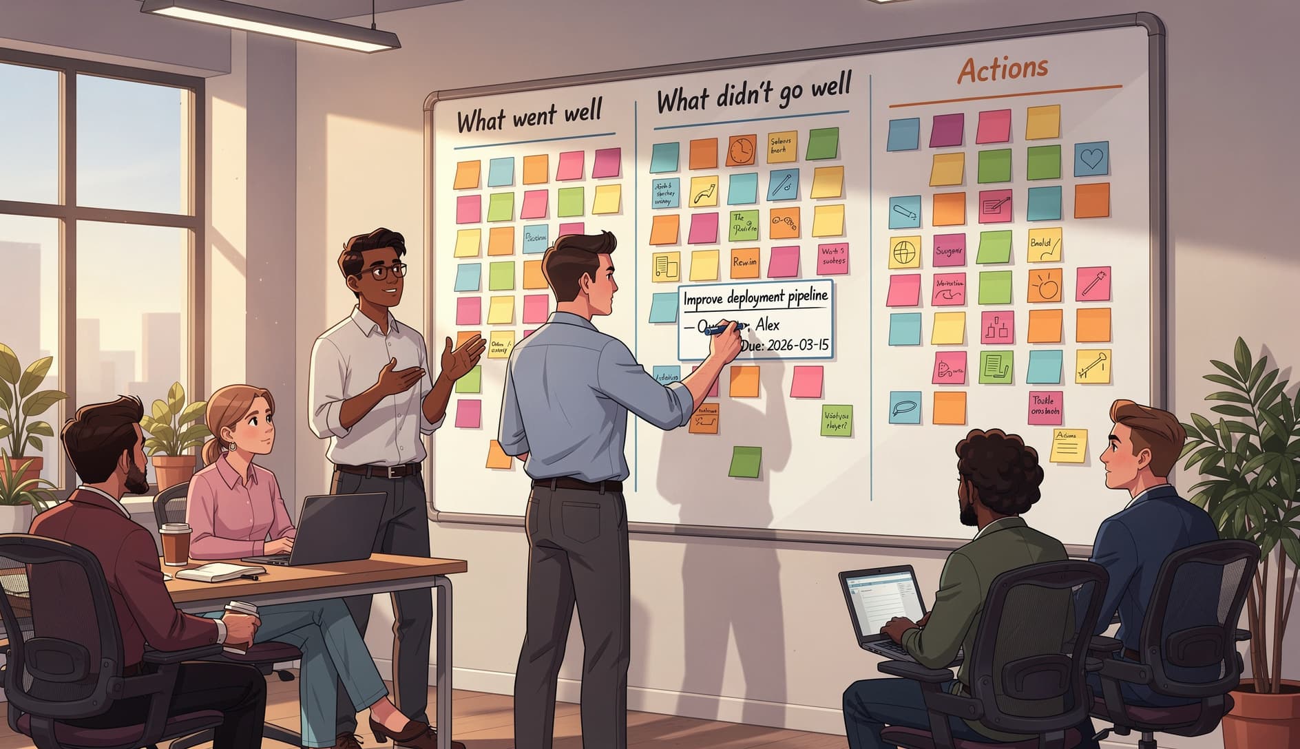 Agiles Team versammelt sich um ein Whiteboard während einer Retrospektive und schreibt klare Maßnahmen mit Verantwortlichennamen und Terminen auf Karten