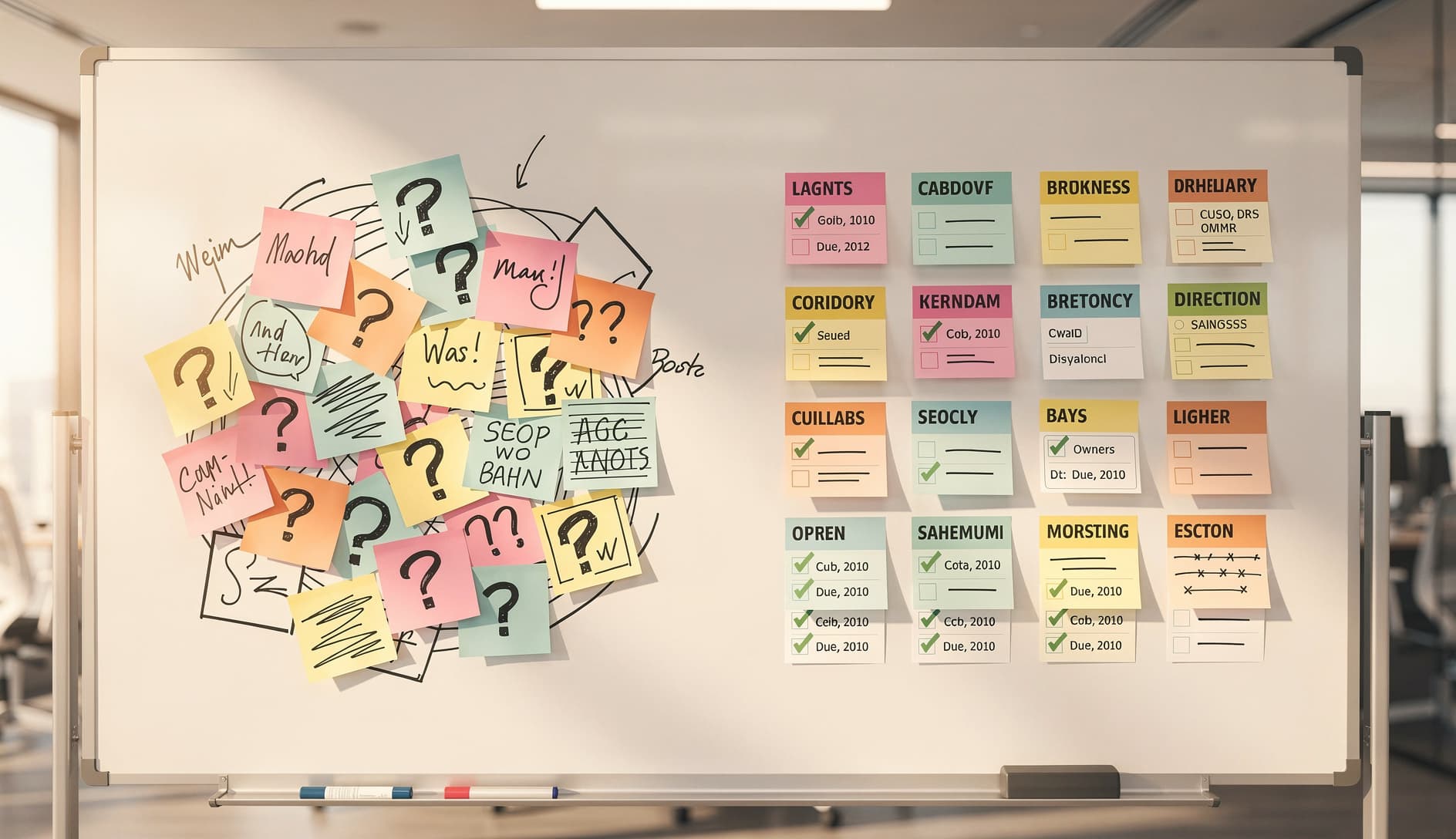 Vergleich nebeneinander: vage Klebezettel mit Fragezeichen auf der linken Seite und saubere, organisierte Maßnahmen mit Häkchen, Verantwortlichennamen und Daten auf der rechten Seite