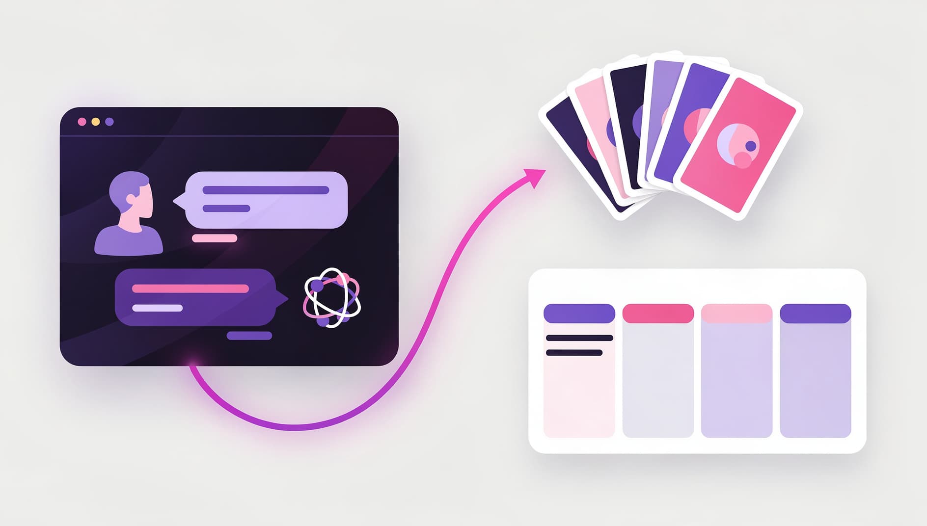 Illustrated terminal window on the left showing a chat conversation with a coding assistant, on the right a planning poker board with playing cards arranged in a fan, connected by a soft glowing line, modern flat editorial vector style with vibrant purple and pink accents, no text or UI labels