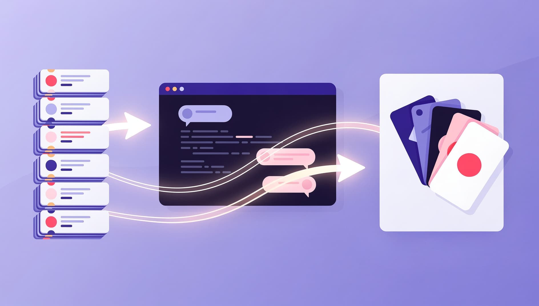Illustrated workflow diagram showing a stack of tickets flowing from a project management board on the left, through a terminal in the middle, into a planning poker board on the right with cards fanned out ready to be picked, soft purple gradient, clean flat vector style