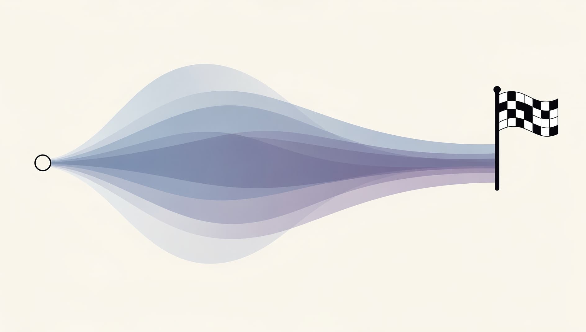 Illustration of a cone of uncertainty fanning out from a starting point toward a finish flag, with multiple probability paths in gradient blue and purple bands, modern flat vector style, no text or numbers