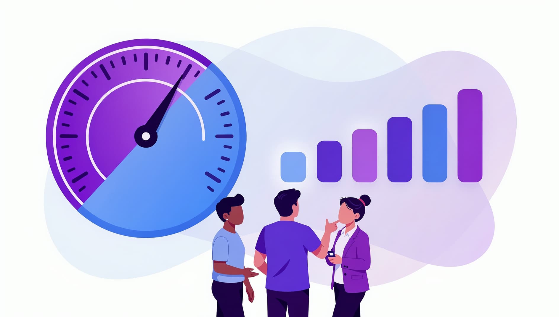 Illustration of a sprint dashboard with a speedometer dial and a row of rising bar charts representing story points completed per sprint, modern flat editorial style with vibrant purple and blue tones, a small agile team reviewing the chart together