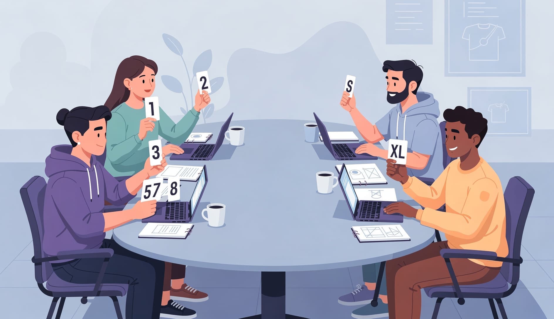 Two groups of developers at a planning poker session, one holding Fibonacci number cards and the other holding T-shirt size cards, collaborating around a table