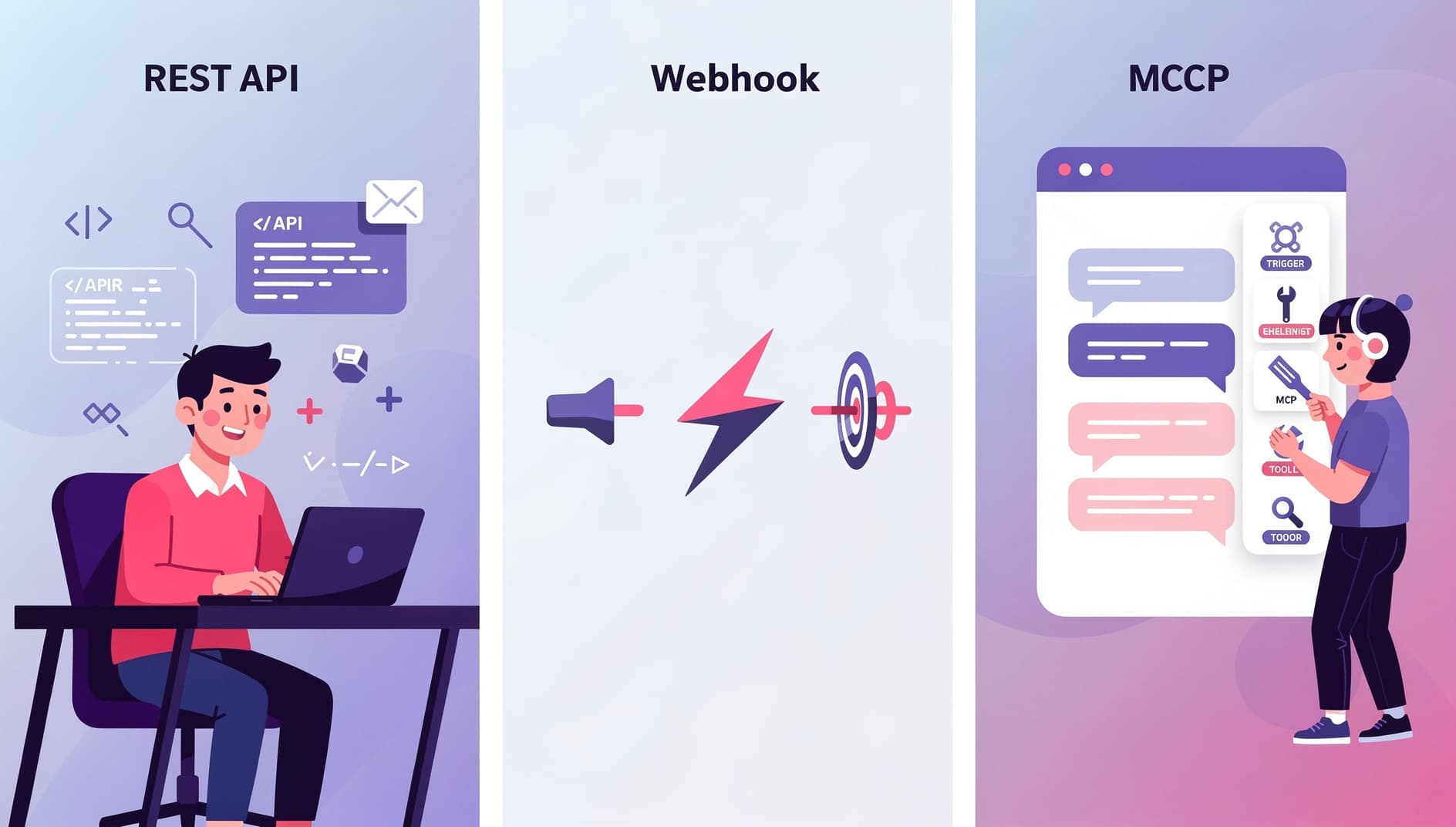 Editorial illustration comparing three approaches in three vertical lanes: a developer typing code labeled REST API, an automated arrow firing on an event labeled webhook, and a chat interface where an AI is selecting tools from a menu labeled MCP, all rendered in flat vibrant colors