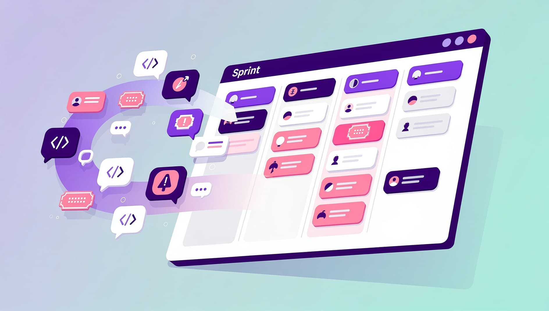Editorial illustration of a sprint board floating in the foreground with stylized chat bubbles streaming into it from the left, each bubble carrying a small icon for code, ticket, incident, or message, vibrant flat colors on a soft gradient background