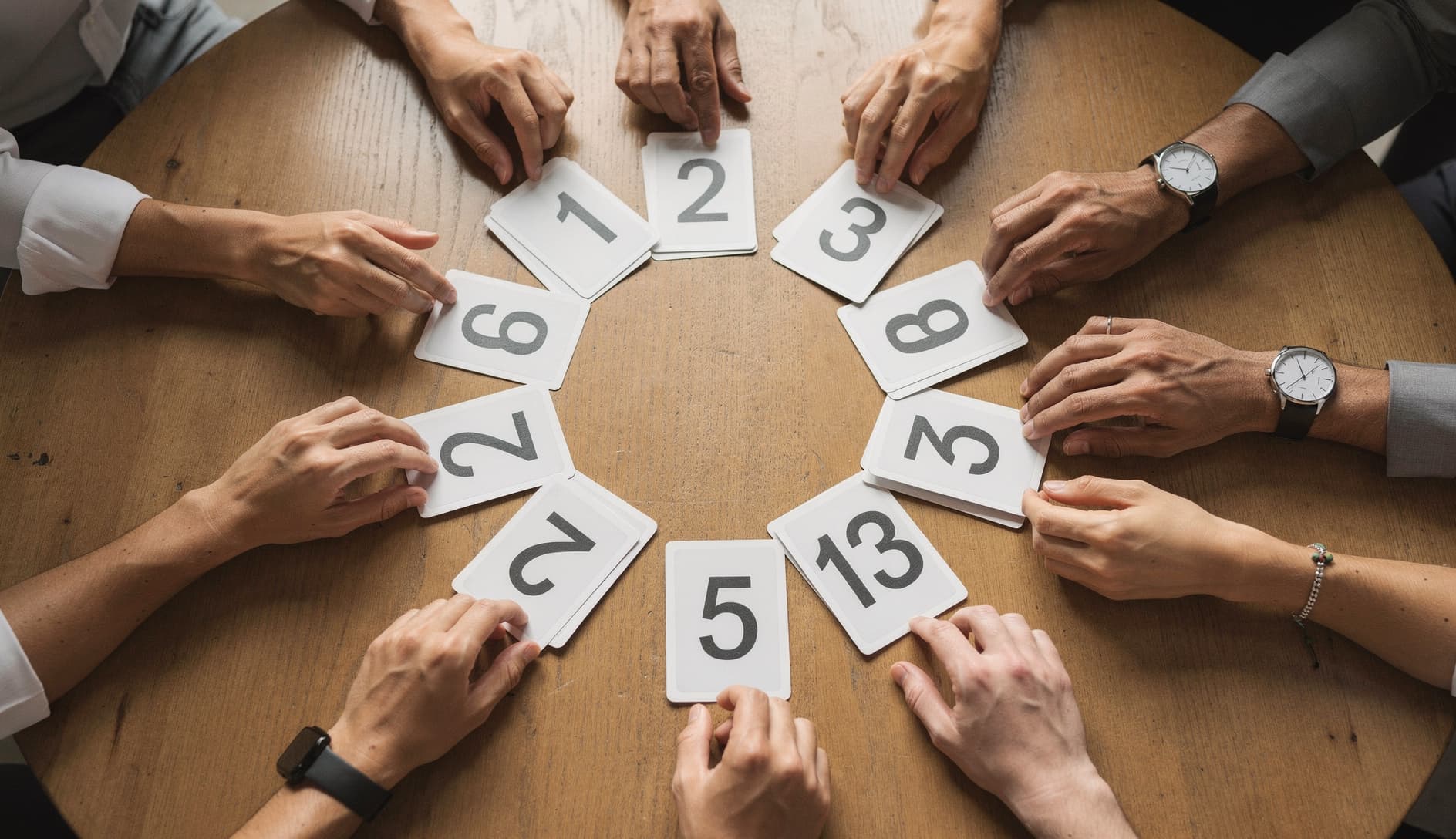 Planning poker cards showing Fibonacci numbers spread across a table with developer hands reaching for them