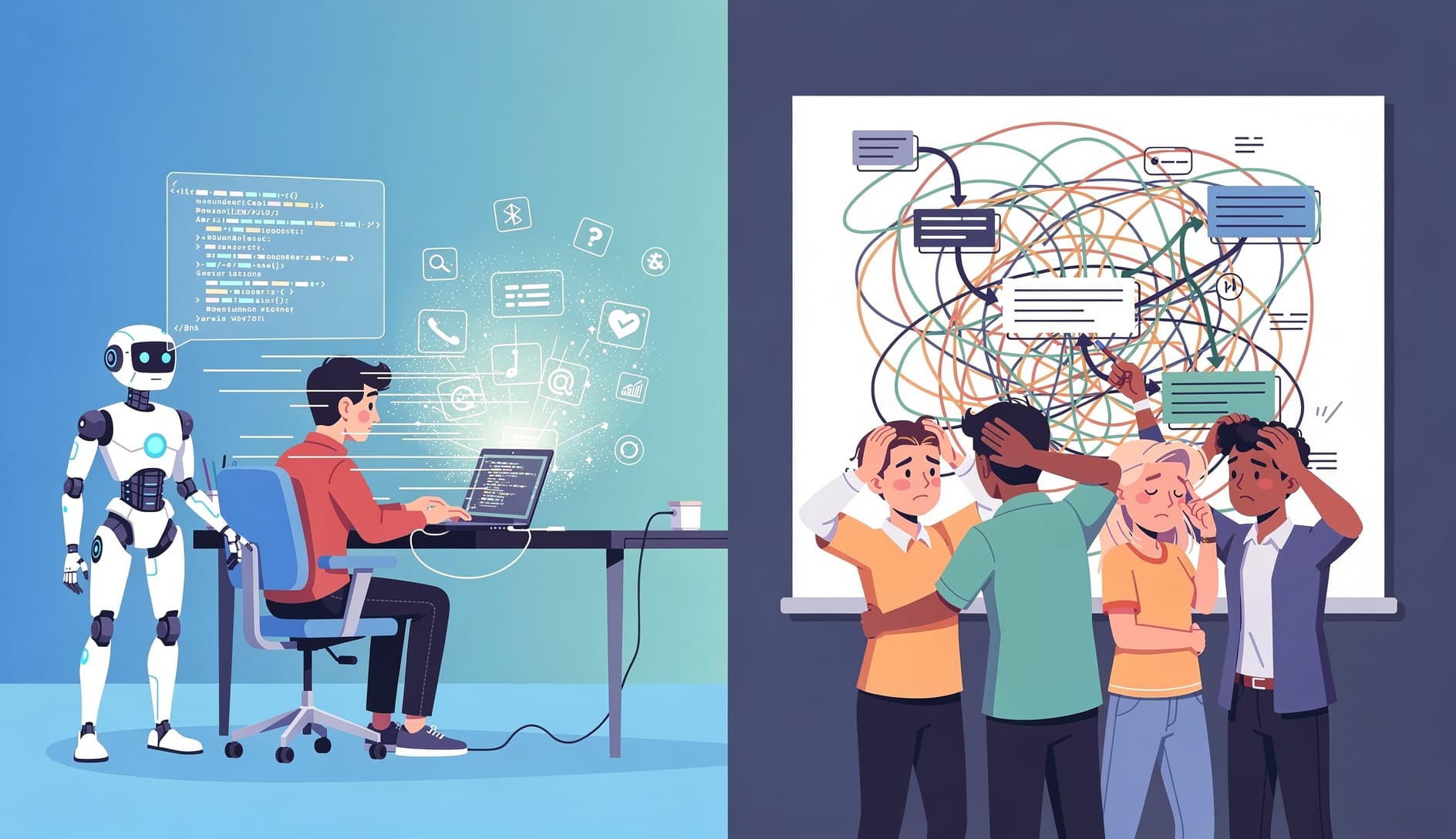 A split illustration showing one side with a single developer coding rapidly with AI assistance, and the other side showing a team scratching their heads looking at a confusing product, representing speed without alignment