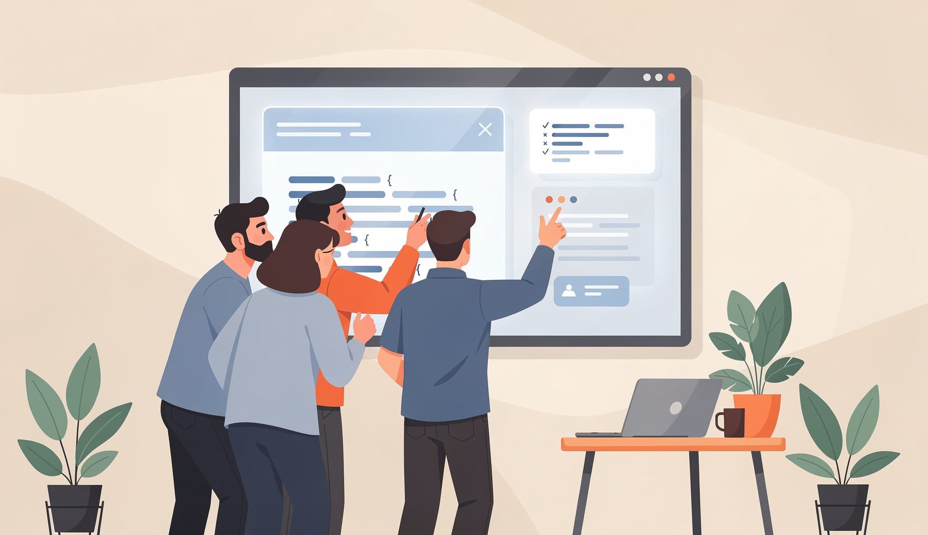 Team members gathered around a screen reviewing code together, with some pointing at potential issues, depicting collaborative code review and knowledge sharing