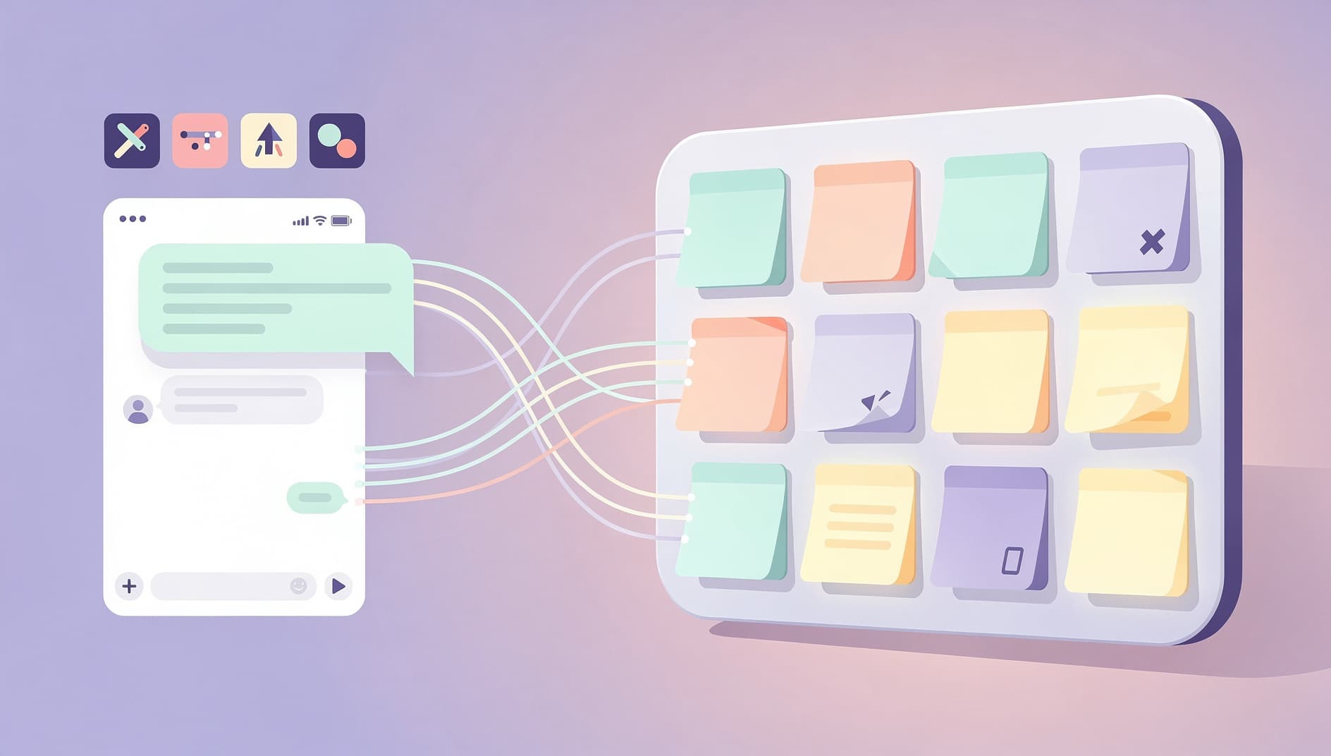 Editorial illustration of a retro board with sticky notes flowing into a chat panel on the left, soft purple and pink gradient, modern flat vector style, the chat is choosing tools from a small palette, no readable text or UI labels