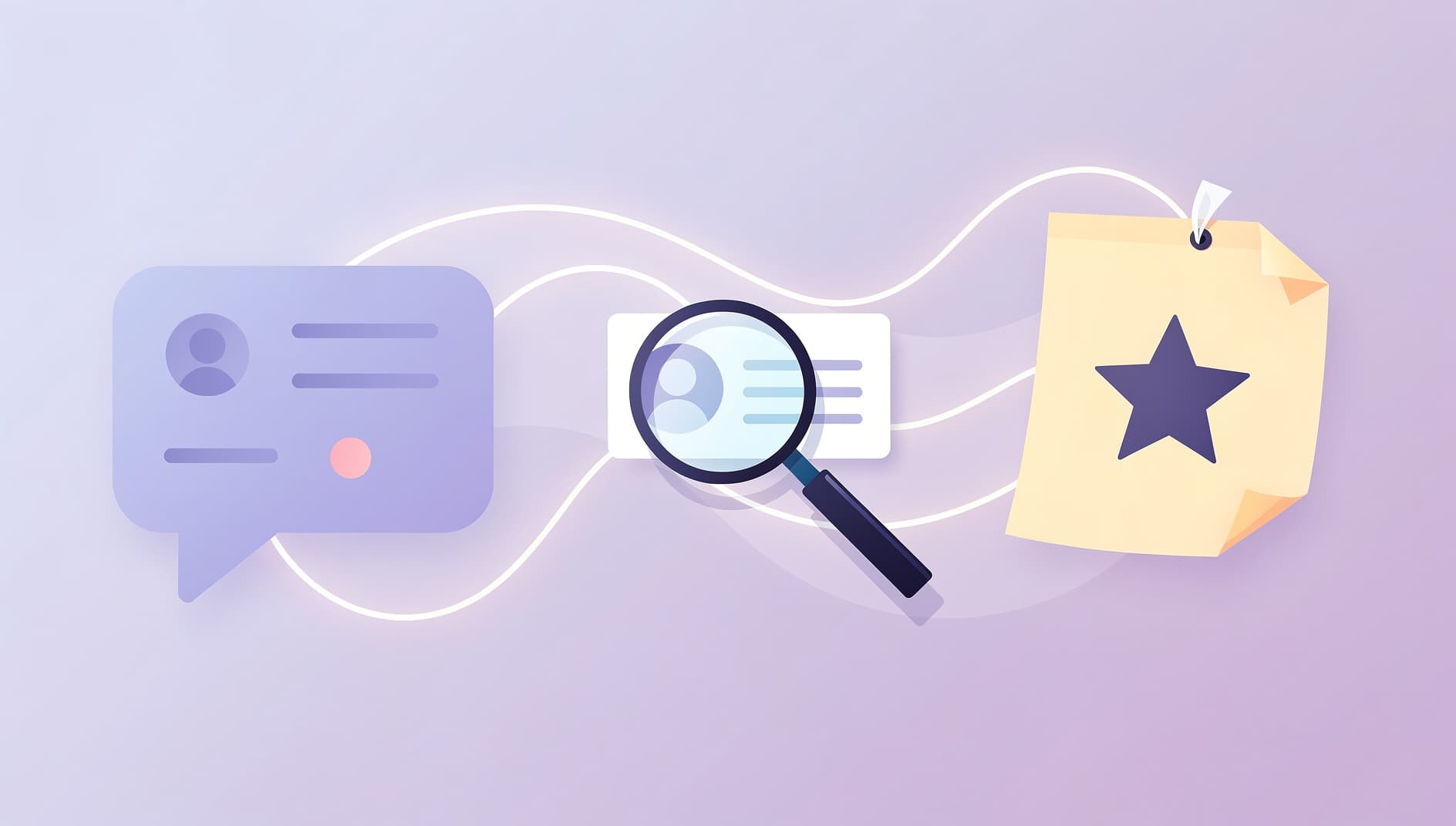 Illustration of a chat bubble on the left with a small workflow on the right showing three steps: search for a user, find their record, then attach kudos to a retro item, soft pastel palette, flat vector editorial style