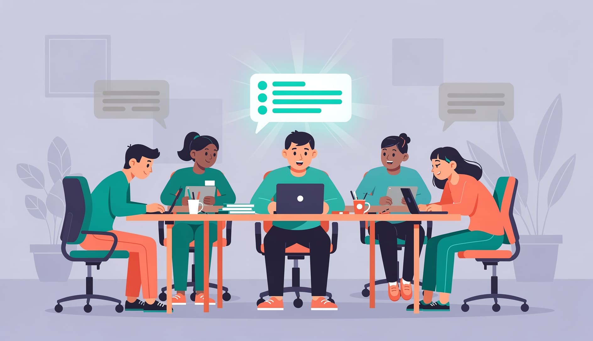 Illustrated scene of a team of stylized characters each at their own desk, some ignoring chat messages while others engage with concise, highlighted updates