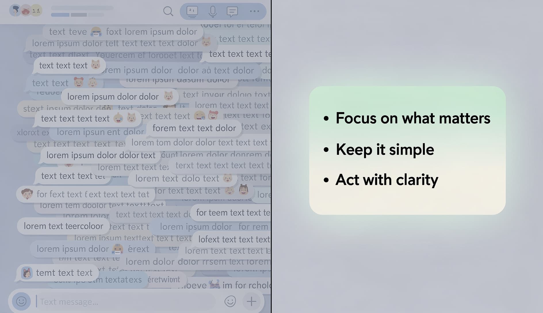 Illustrated split view comparing a cluttered wall of text standup update on the left versus a clean, structured three-bullet update on the right