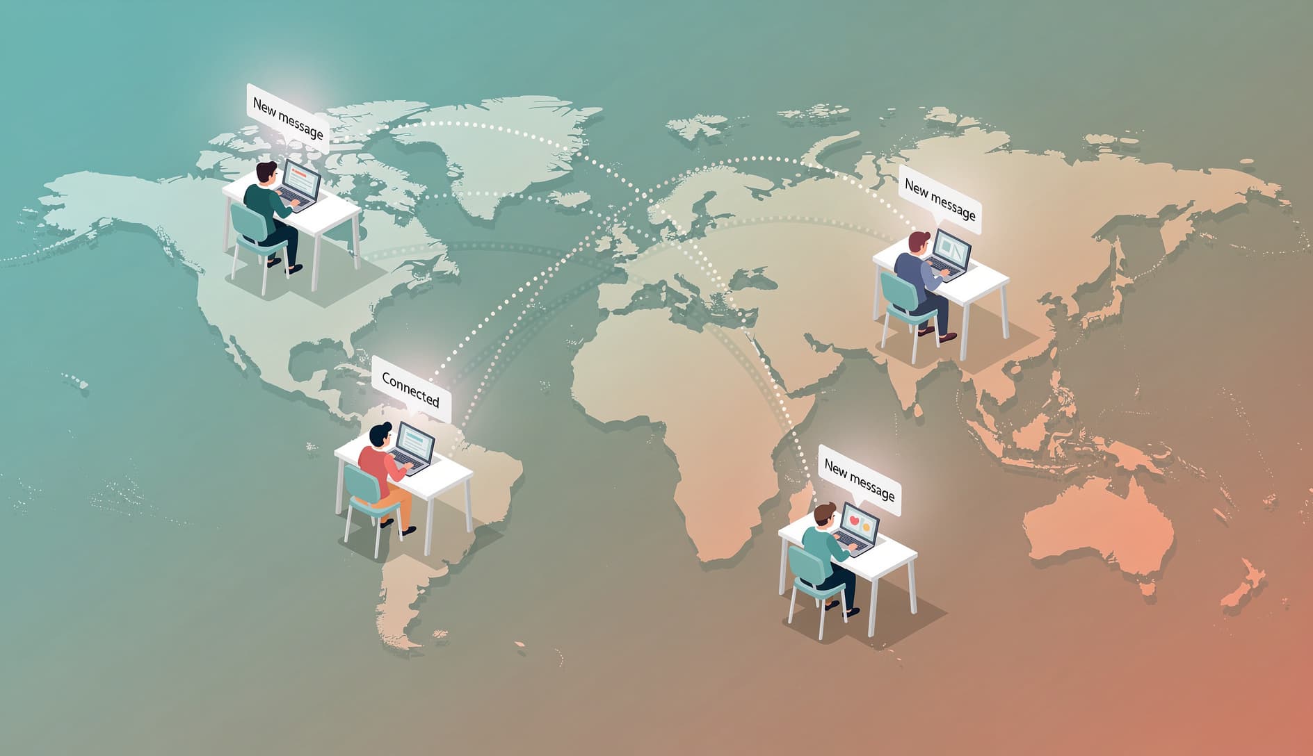 Illustrated birds-eye view of a diverse team collaborating through floating message cards connected by dotted lines across a stylized map