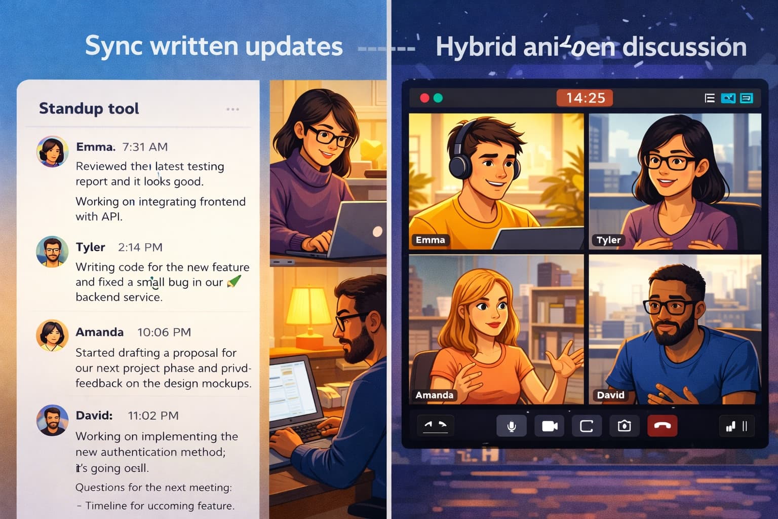 Split screen showing a team doing async written updates on the left side and the same team in a focused video call discussion on the right side, representing the hybrid approach
