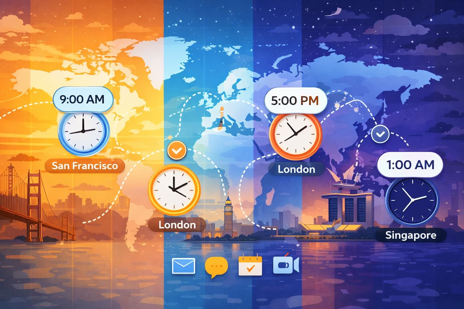 World map showing multiple time zones with clock icons indicating different times across cities like San Francisco, London, and Singapore, illustrating the challenge of scheduling meetings across distributed teams