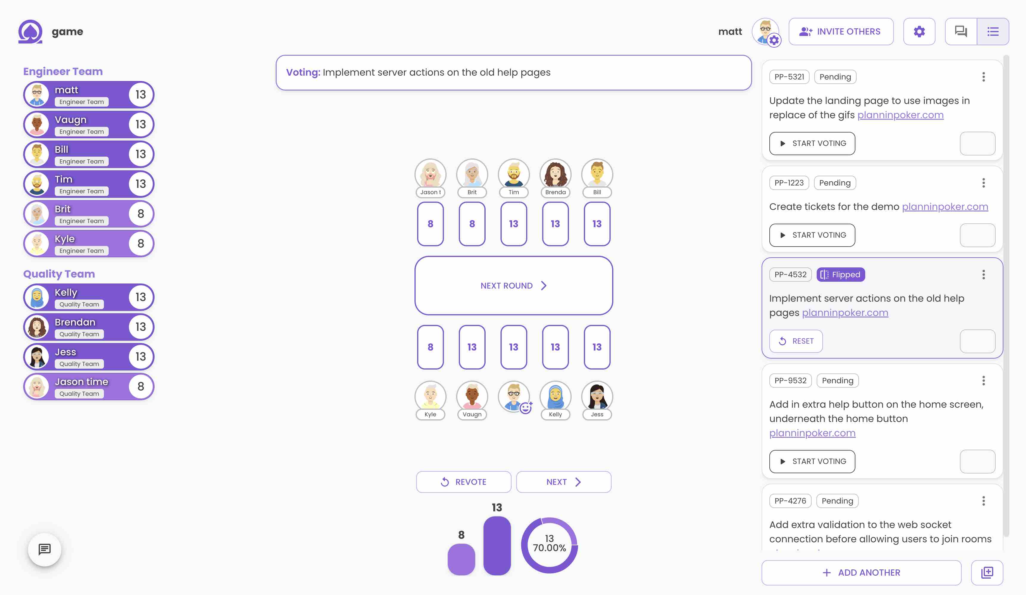 Planning Poker with teams. The results are displayed separately for each team.