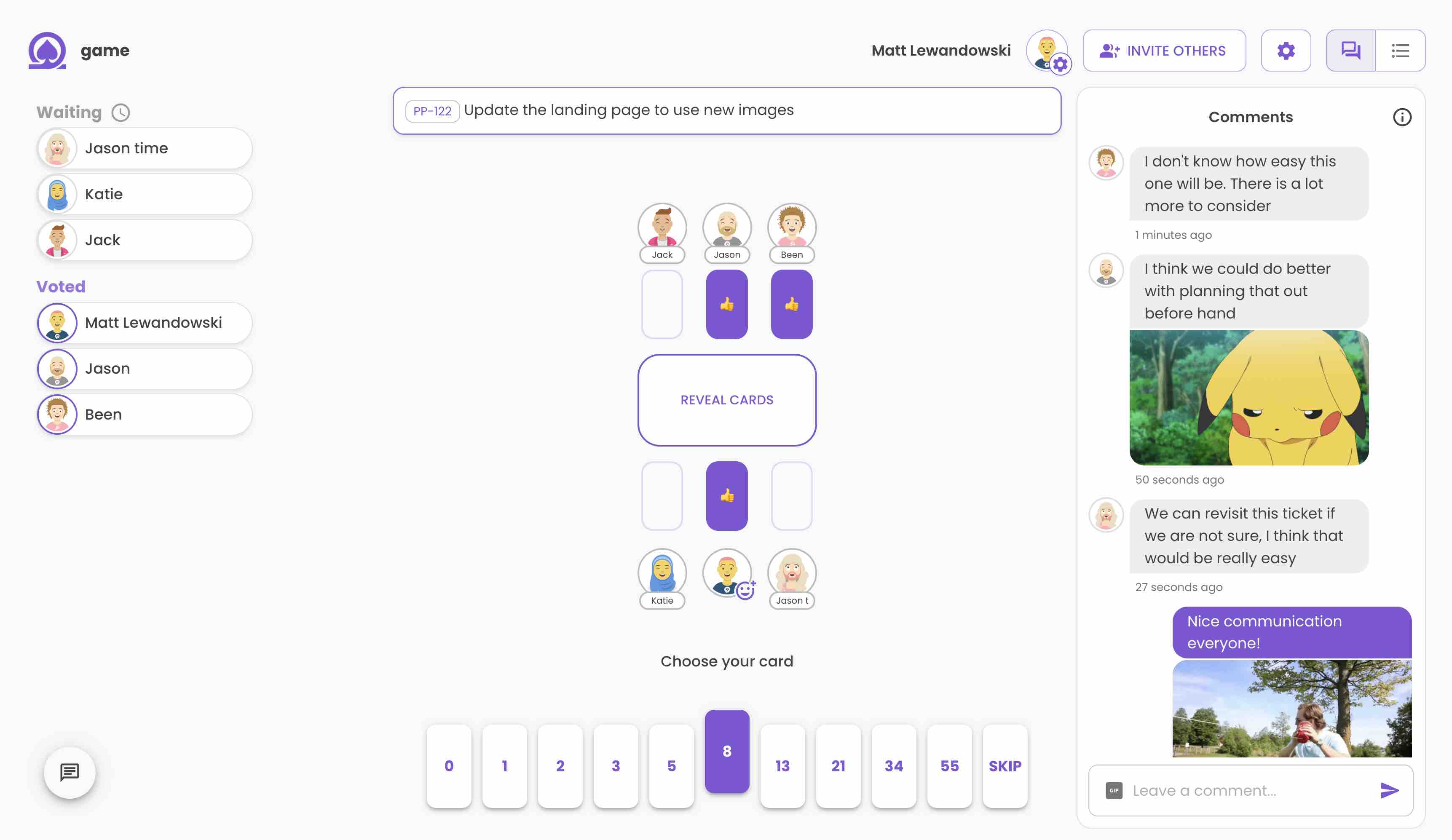 Planning Poker with comments. The user is leaving a comment on the current ticket.