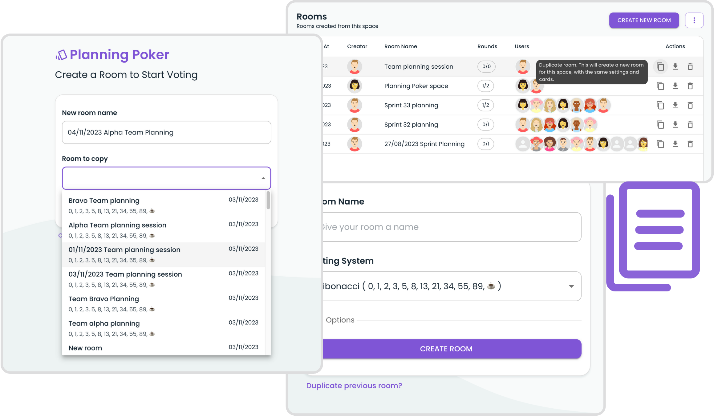 Copying a planning poker room. Duplicating a planning poker room cards and settings.