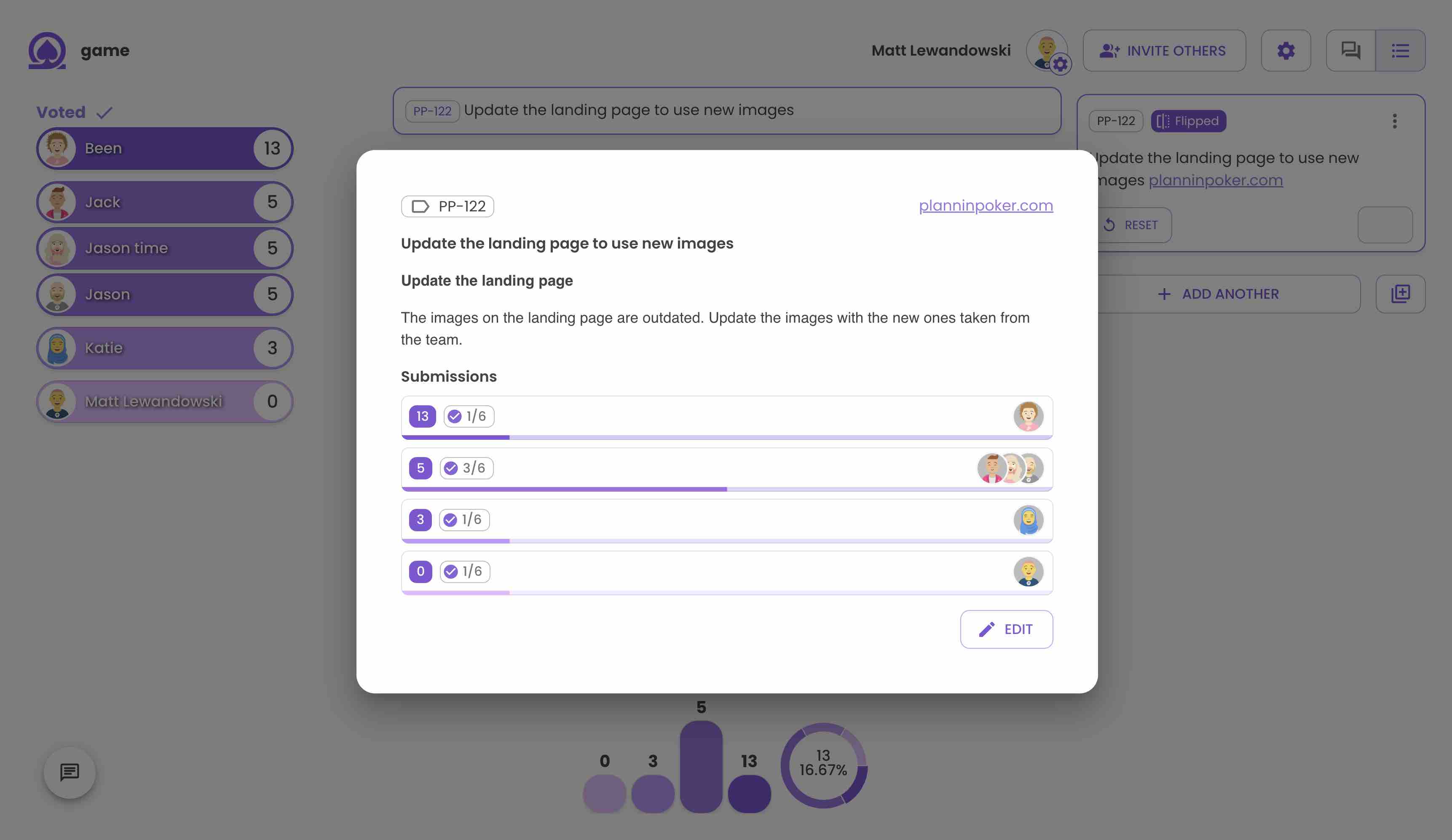 Planning Poker with detailed tickets. The ticket has a description, ticket ID, and link.