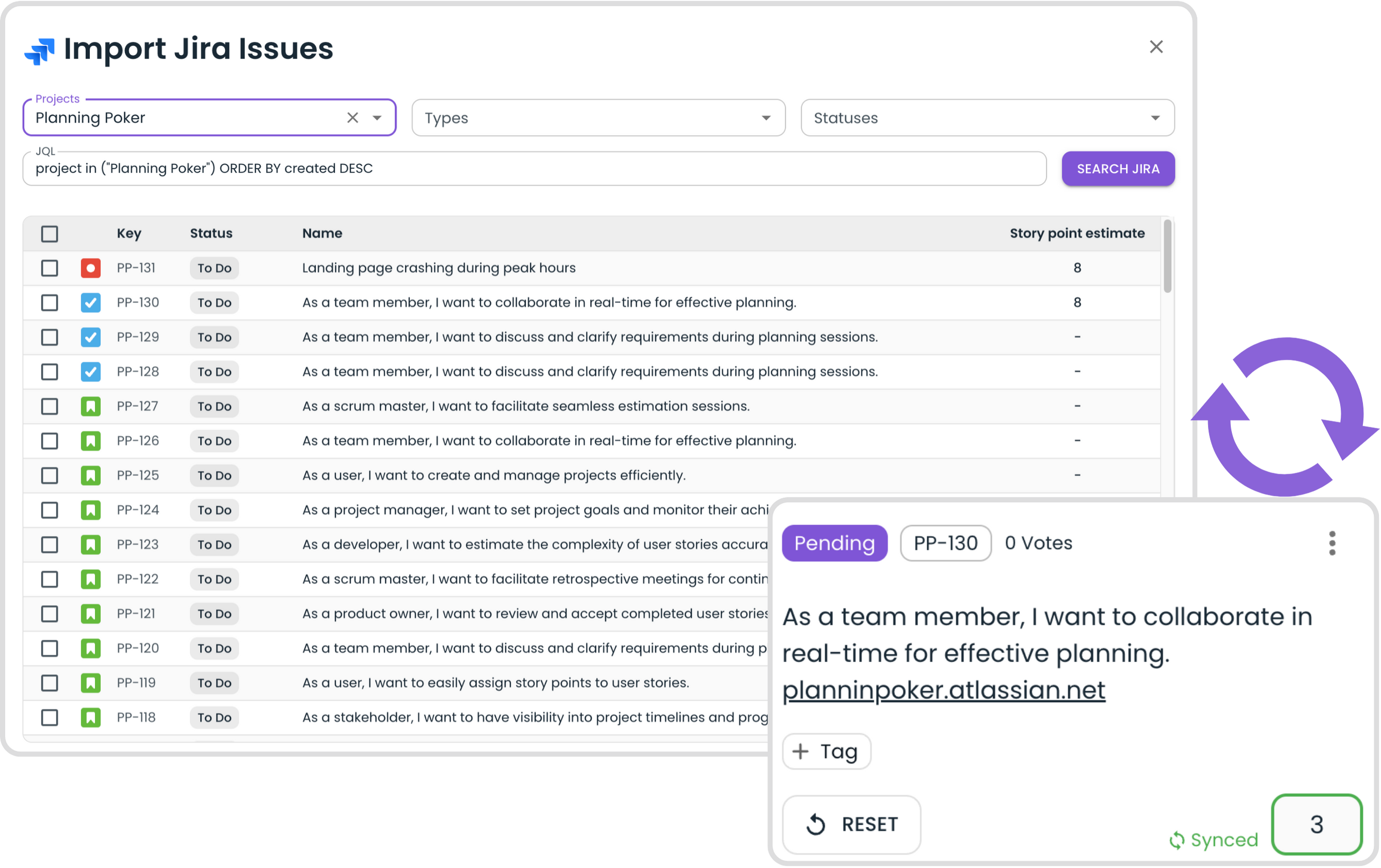 Planning poker jira integration. Scrum planning jira integration. Importing tickets from jira.