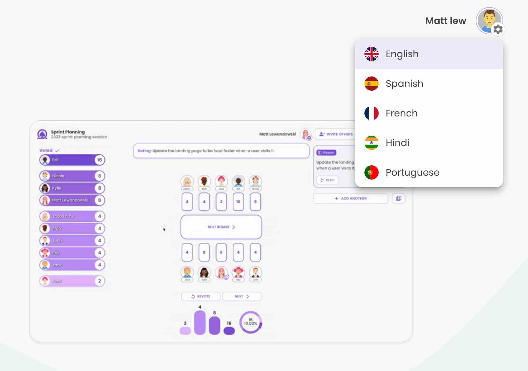 Planning poker language select with English, Spanish, French, Hindi, and Portuguese options