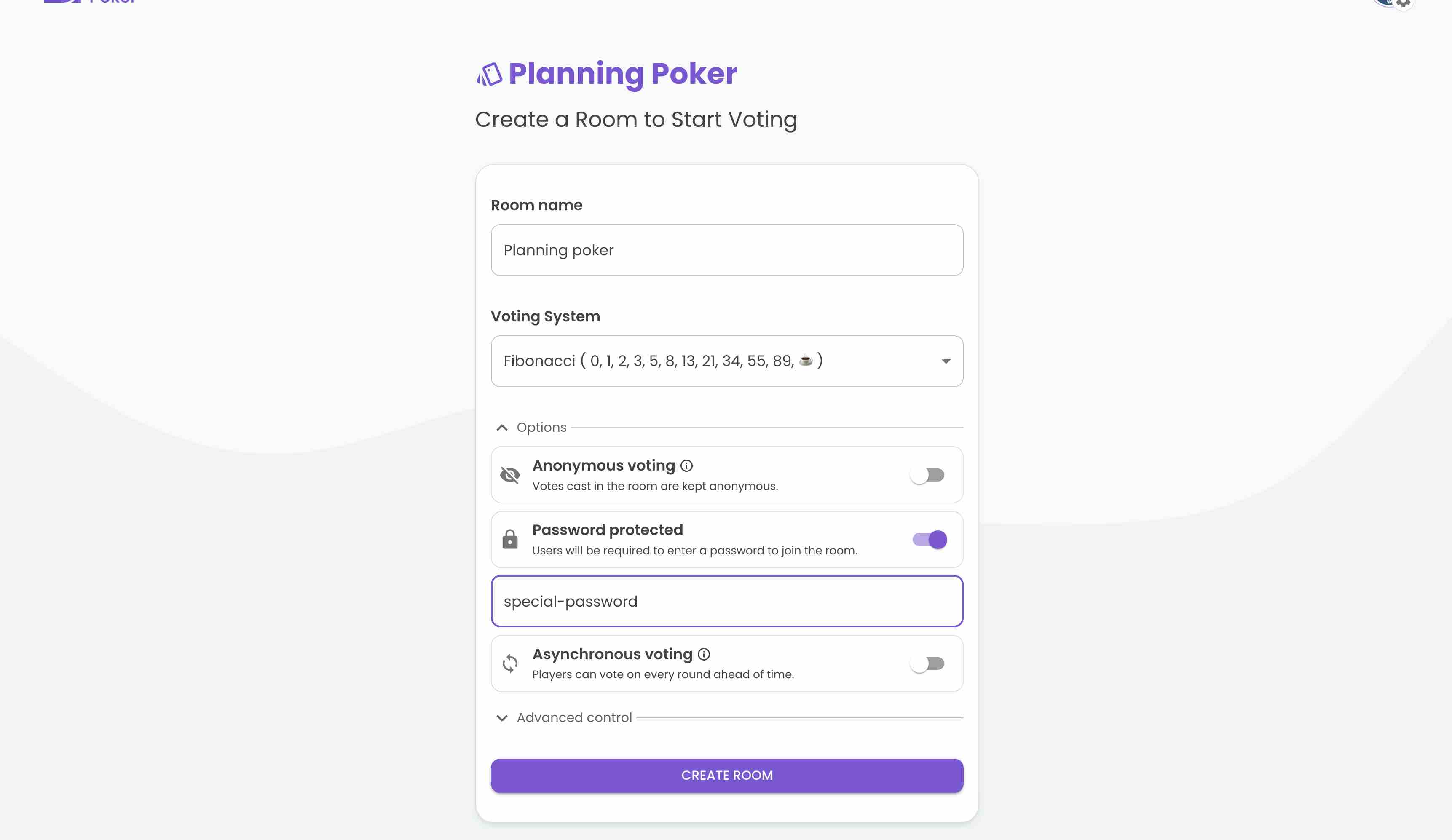 Planning Poker with a password. The user is asked to enter a password before entering the room.