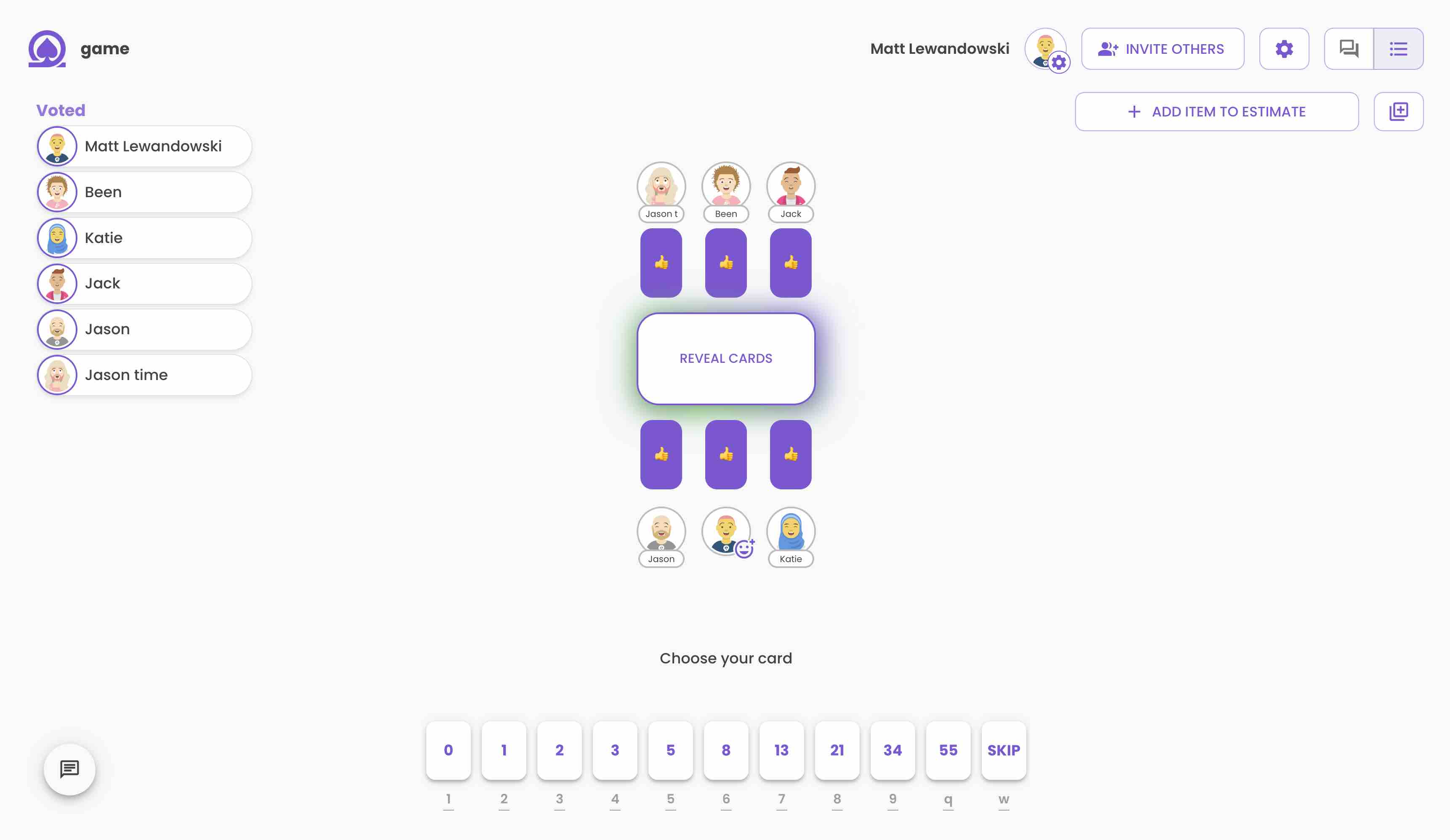 Planning Poker Screen Sharing Mode. The users vote is hidden and they can vote with their keyboard.